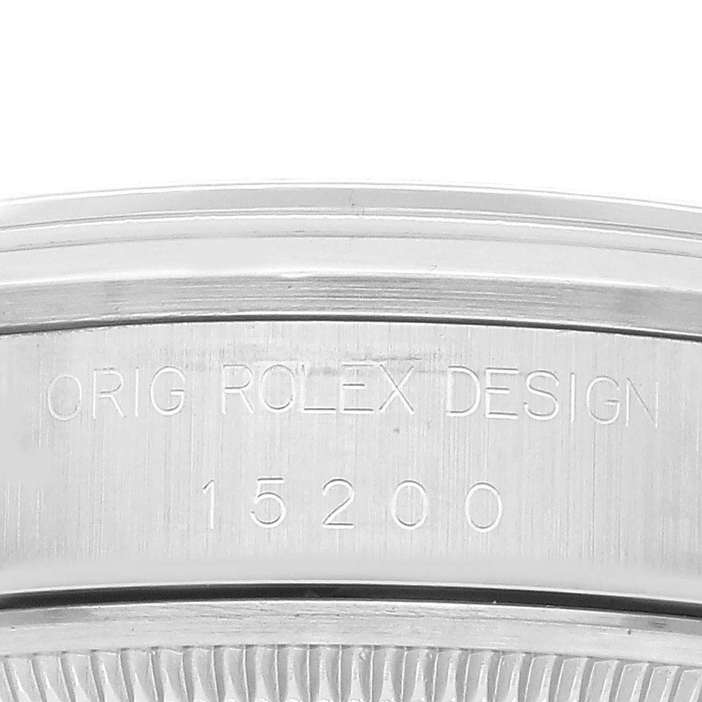 The image shows a close-up of the case back of a Rolex Date 15200 Men's Stainless Steel Silver Dial 15200 Men's Stainless Steel Silver Dial model, featuring the engraved model number 15200.
