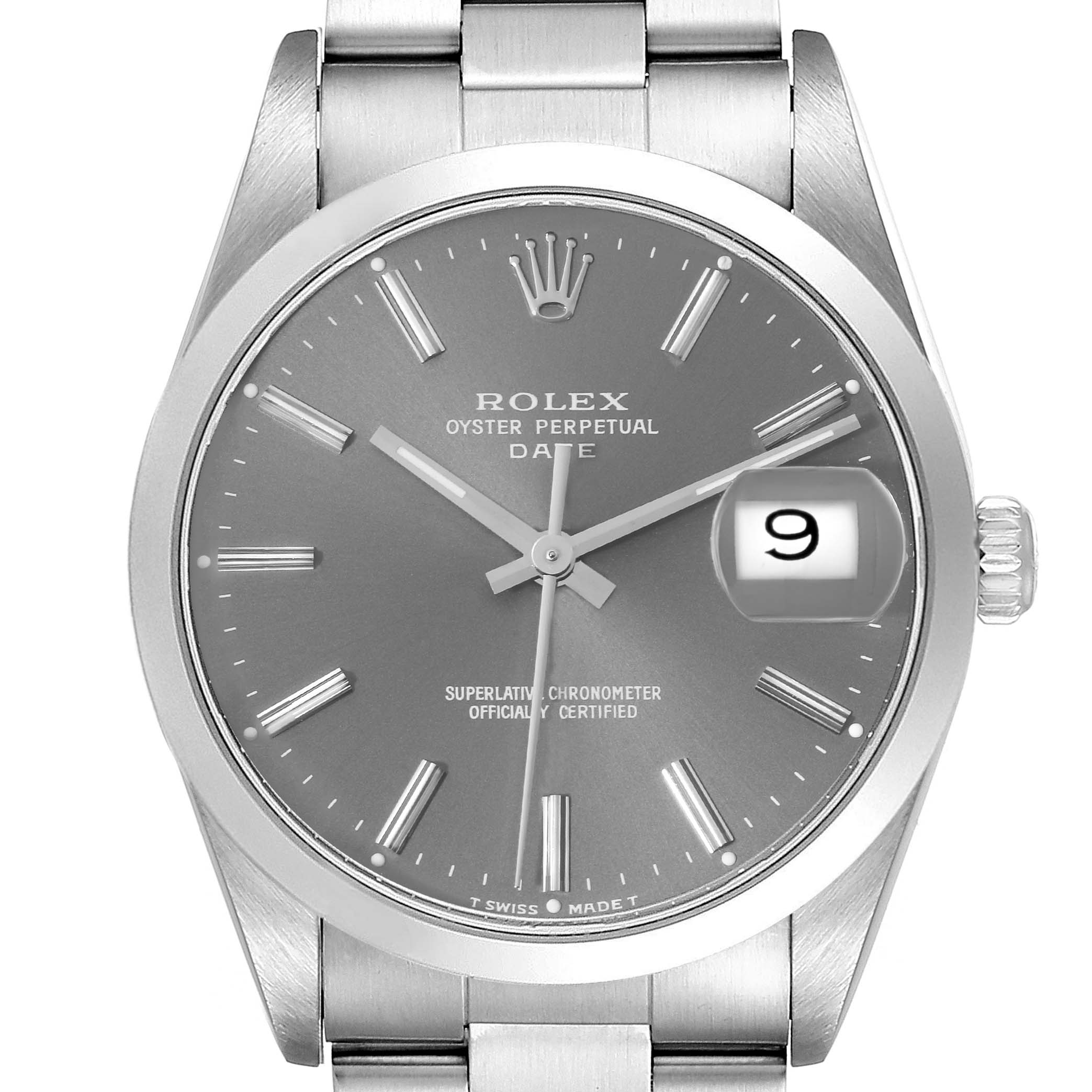 The image is a close-up, front view of the Rolex Oyster Perpetual Date watch, showing its dial, hands, date window, and part of the bracelet.