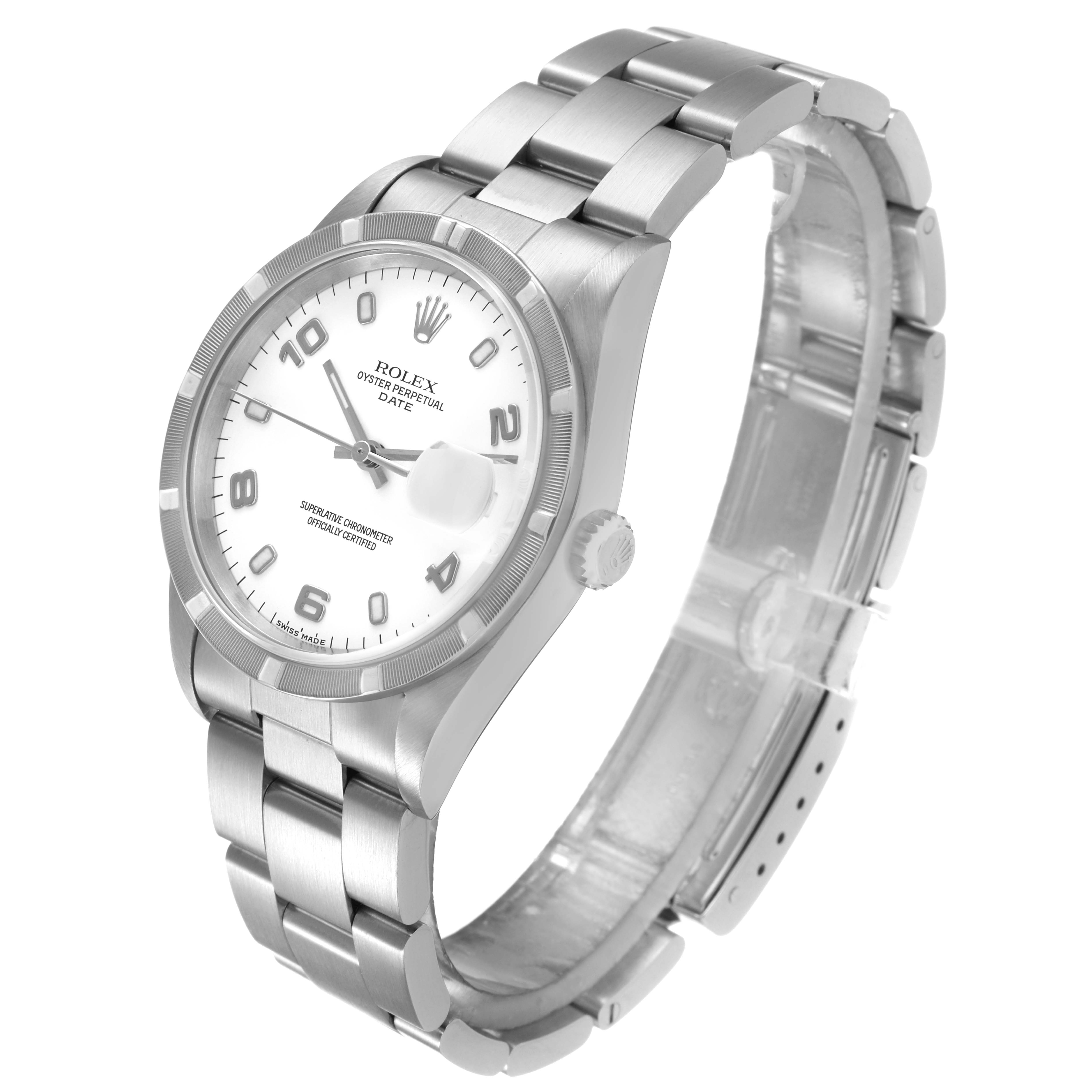 The Rolex Date 15210 Men's Stainless Steel White Dial watch is displayed from a three-quarter angle, showing the face, bezel, crown, and bracelet.