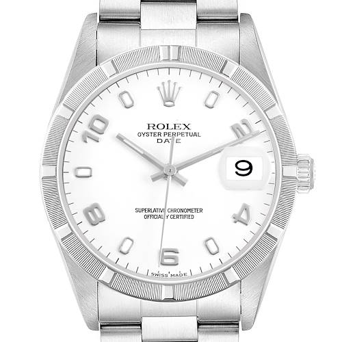 The Rolex Date 15210 Men's Stainless Steel White Dial watch is shown from the front, highlighting the dial, bezel, crown, and stainless steel bracelet.
