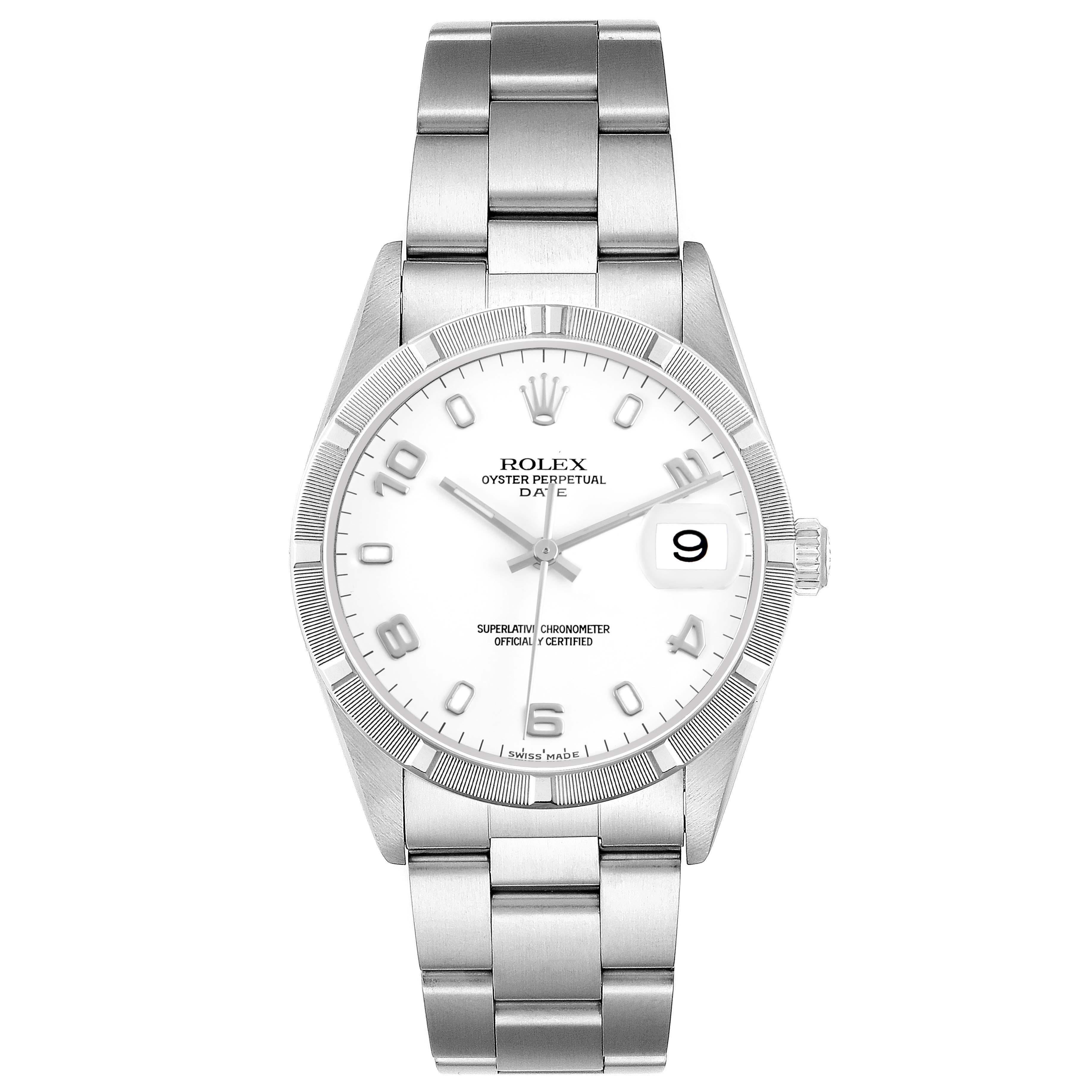 The Rolex Date 15210 Men's Stainless Steel White Dial model watch is shown from a front-facing view, displaying its bracelet, dial, and date window.