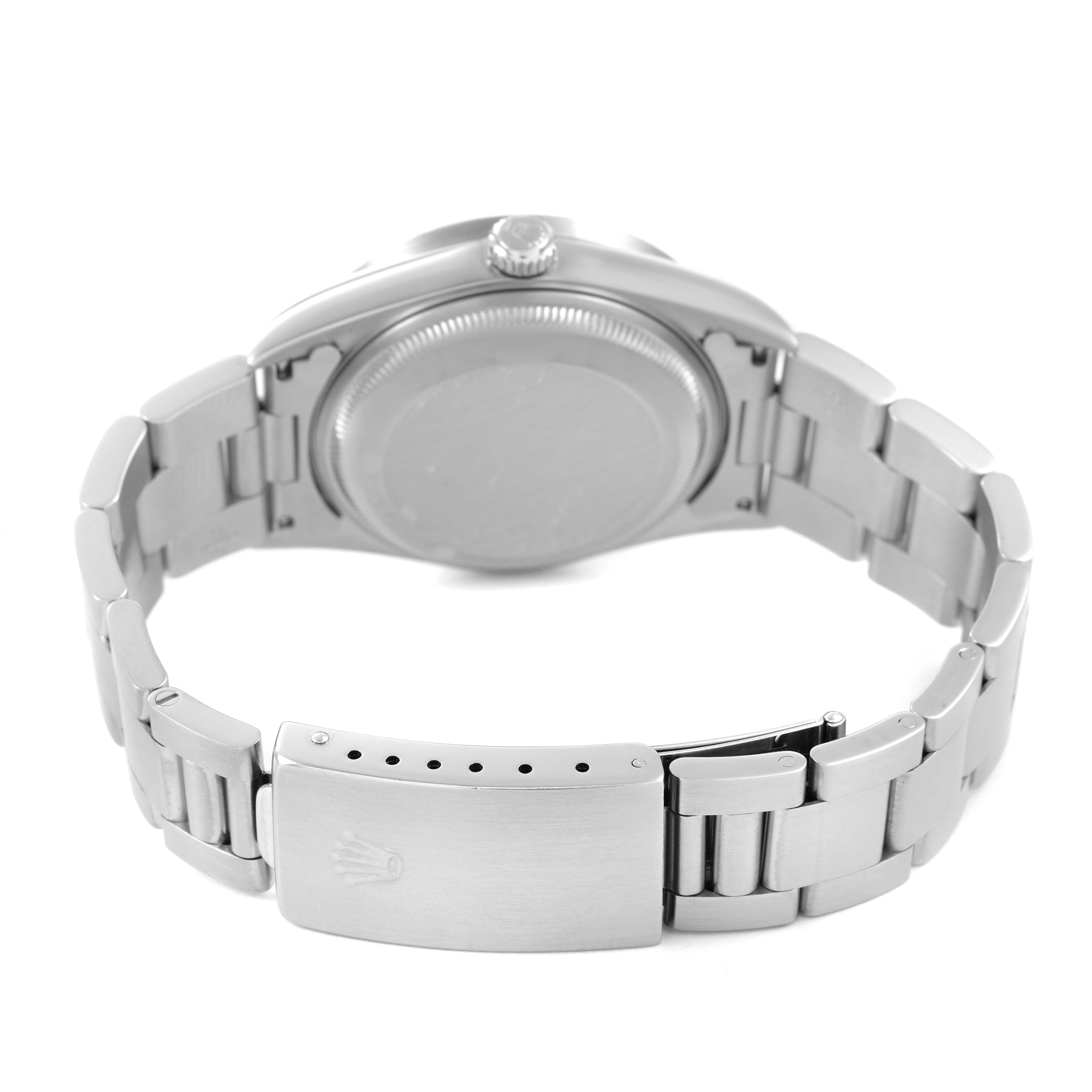 The image shows the back view of a Rolex Date 15210 Men's Stainless Steel White Dial, highlighting the case back, crown, bracelet, and clasp.