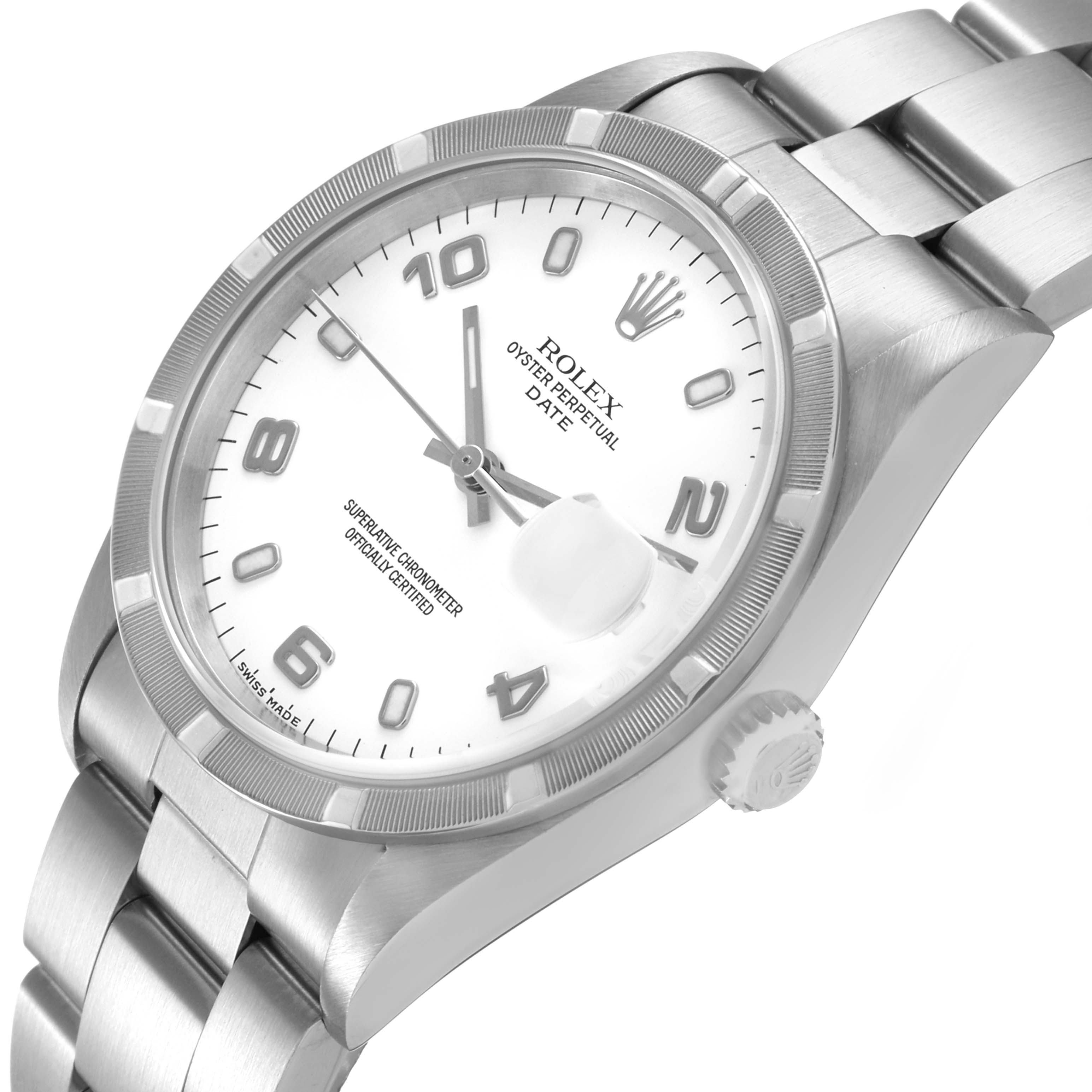 The Rolex Date 15210 Men's Stainless Steel White Dial model is shown at an angled view highlighting the dial, bezel, crown, and bracelet.