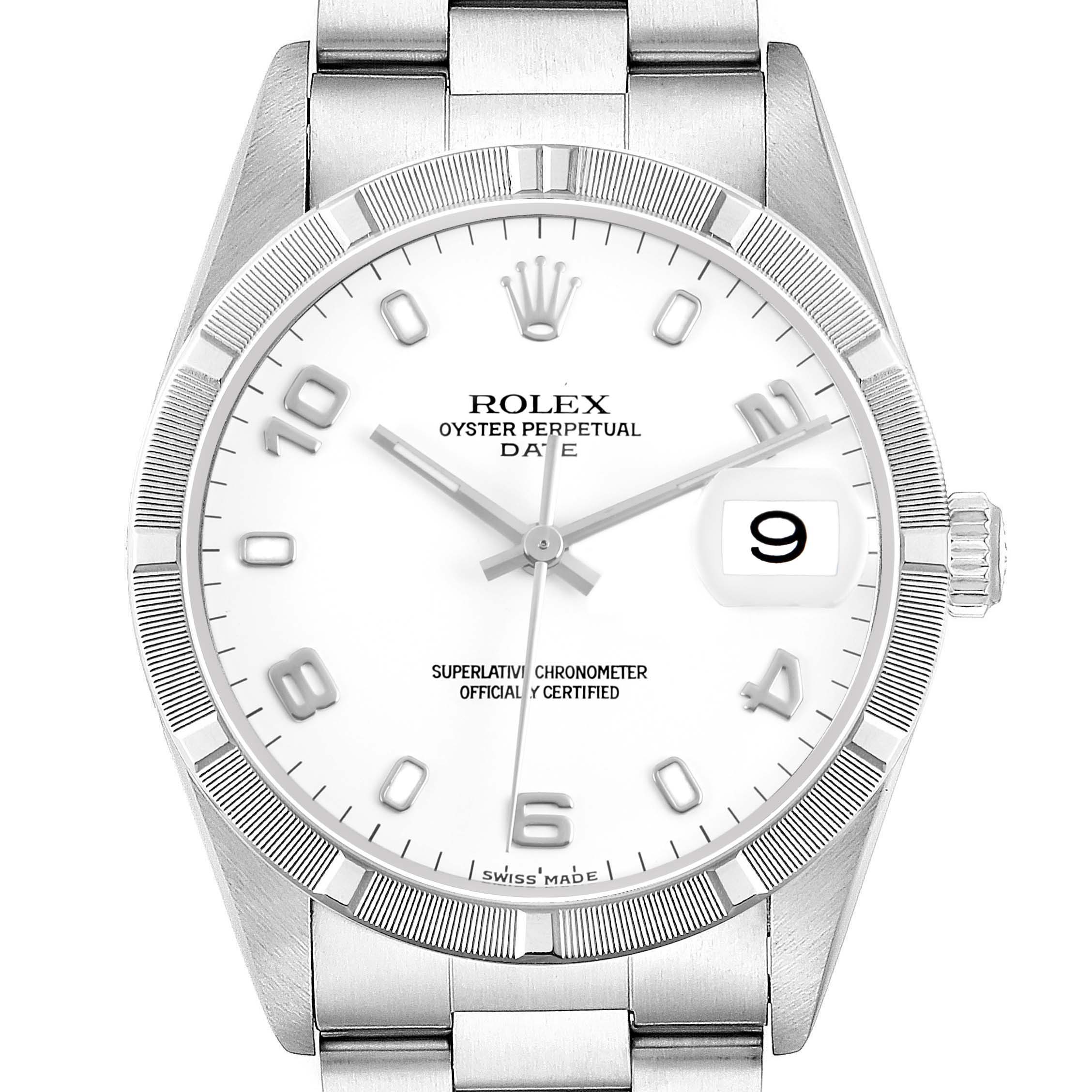 The Rolex Date 15210 Men's Stainless Steel White Dial model is shown from a front angle, highlighting the dial, bezel, and part of the bracelet.