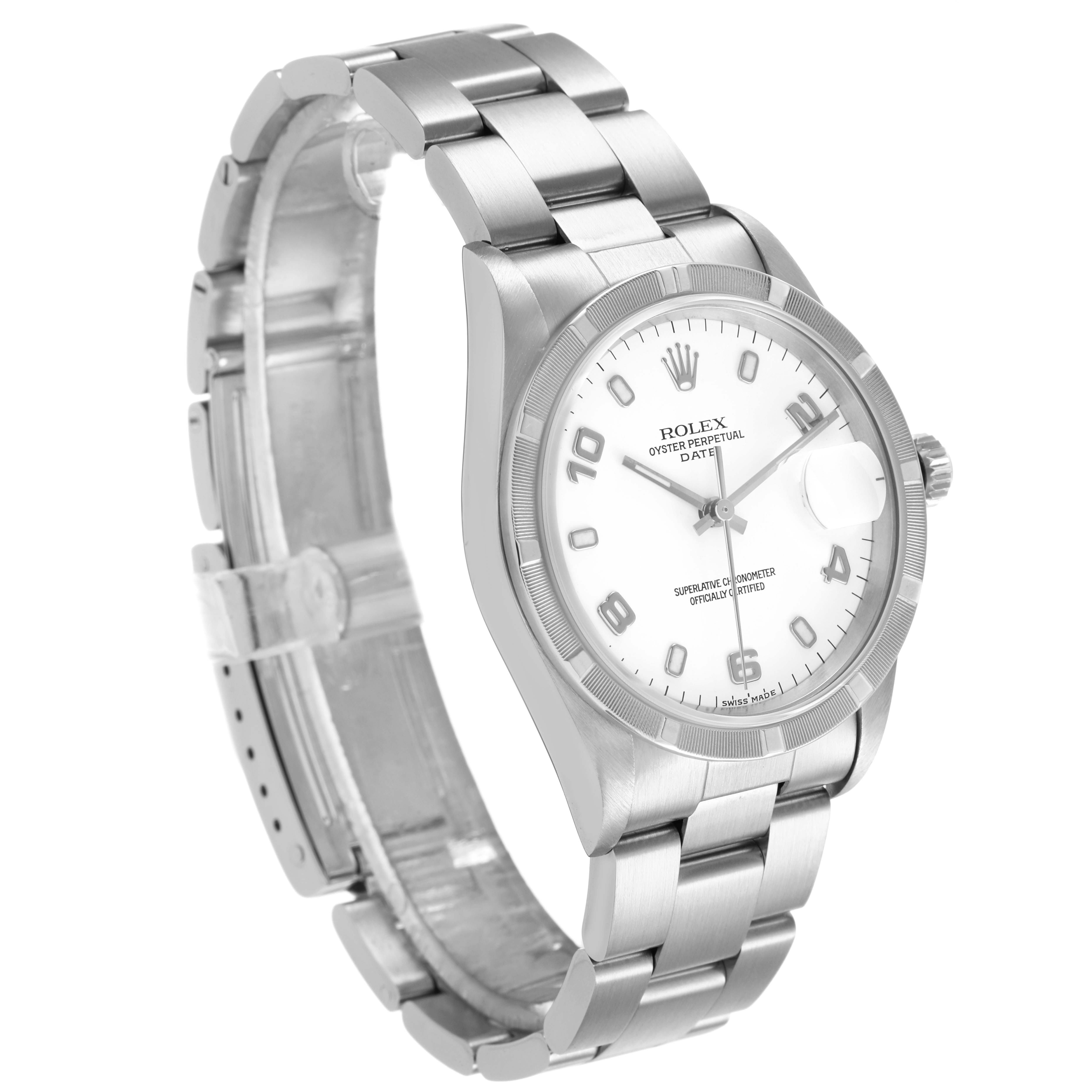 The Rolex Date 15210 Men's Stainless Steel White Dial watch is shown at a slight angle, displaying the dial, bracelet, bezel, and crown.