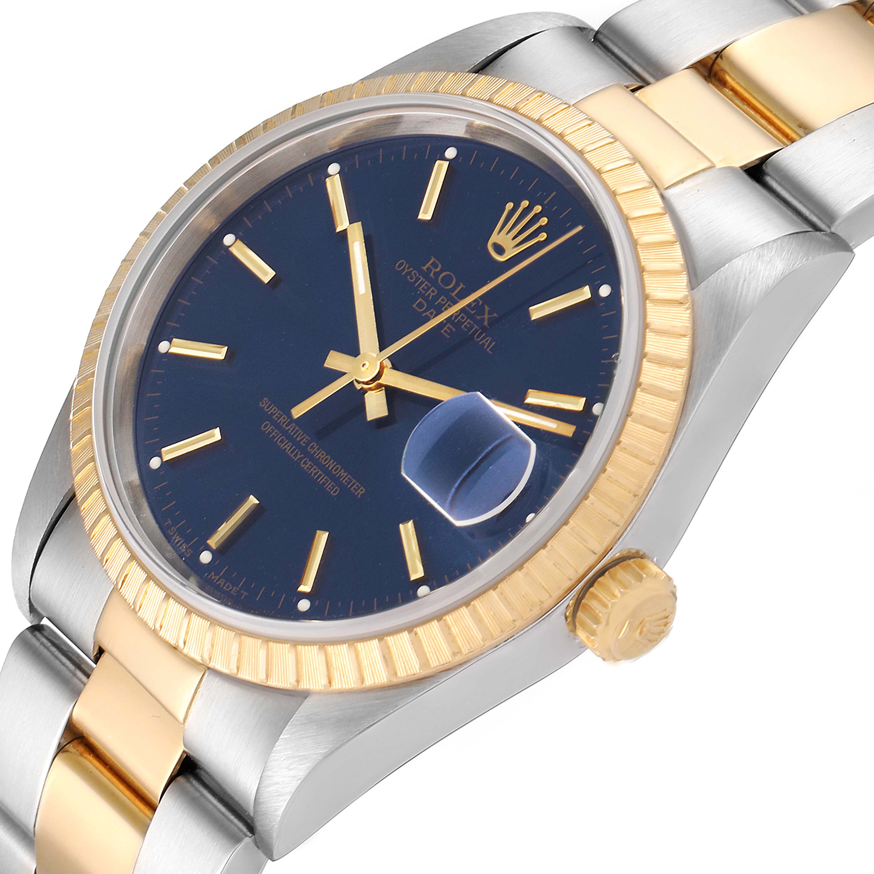 This image shows a close-up angled view of a Rolex Datejust 15223 Men's Steel and Gold (two tone) Blue Dial 15223 Men's Steel and Gold (two tone) Blue Dial watch, highlighting its blue dial, gold bezel, and two-tone metal bracelet.