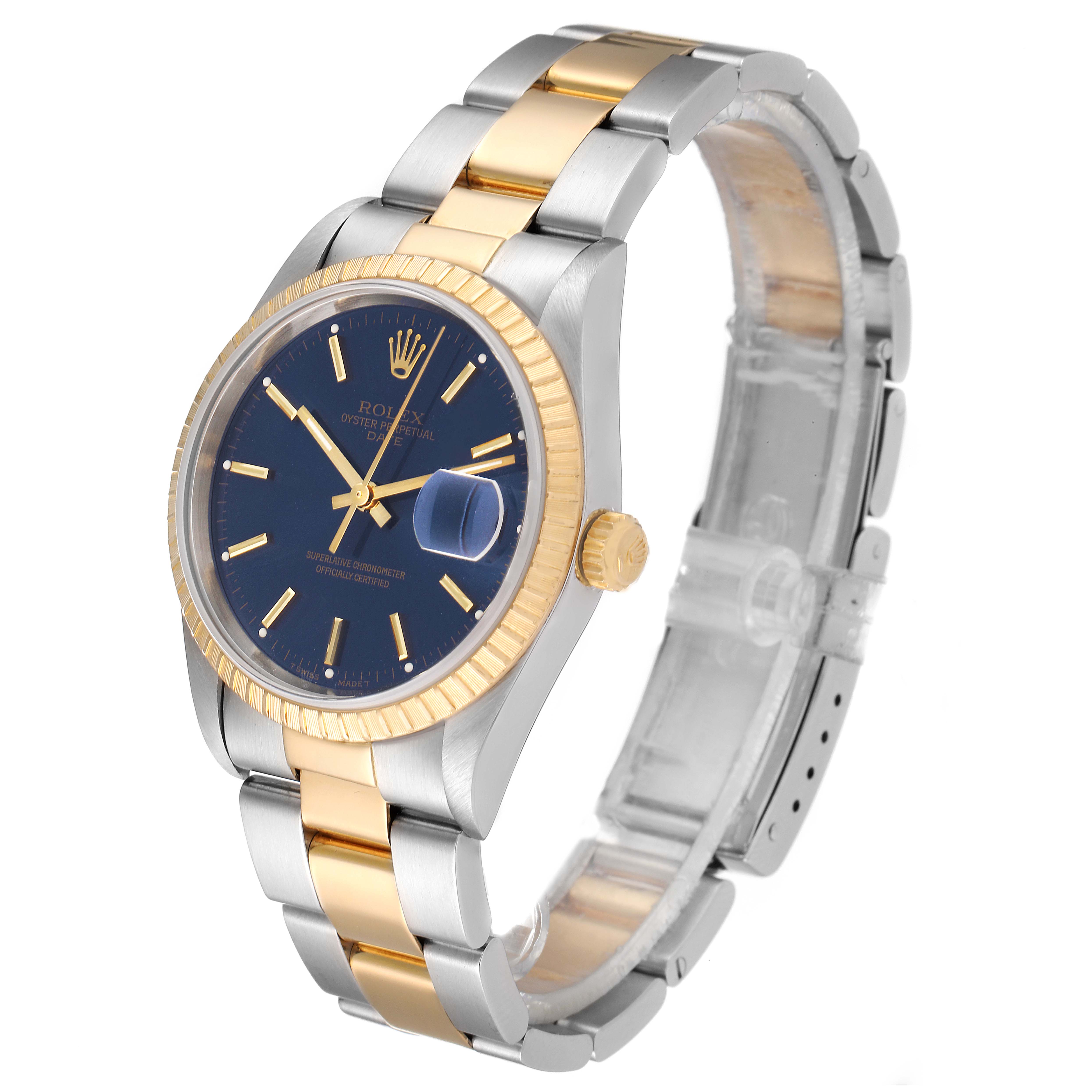 This image shows a Rolex Datejust 15223 Men's Steel and Gold (two tone) Blue Dial 15223 Men's Steel and Gold (two tone) Blue Dial watch at a three-quarter angle, highlighting the blue dial, bracelet, crown, and gold bezel.