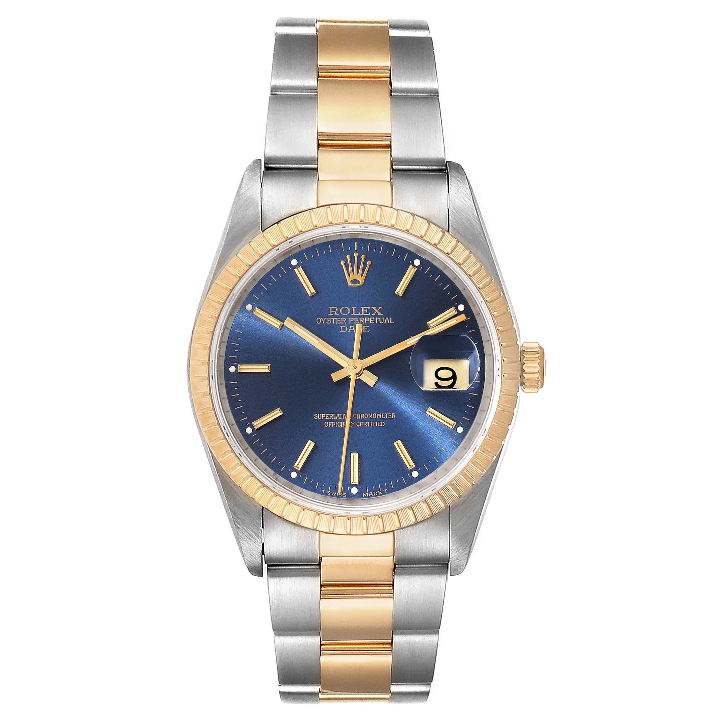 The image shows a front view of a Rolex Datejust 15223 Men's Steel and Gold (two tone) Blue Dial 15223 Men's Steel and Gold (two tone) Blue Dial watch, highlighting its two-tone bracelet and blue dial with a date window.