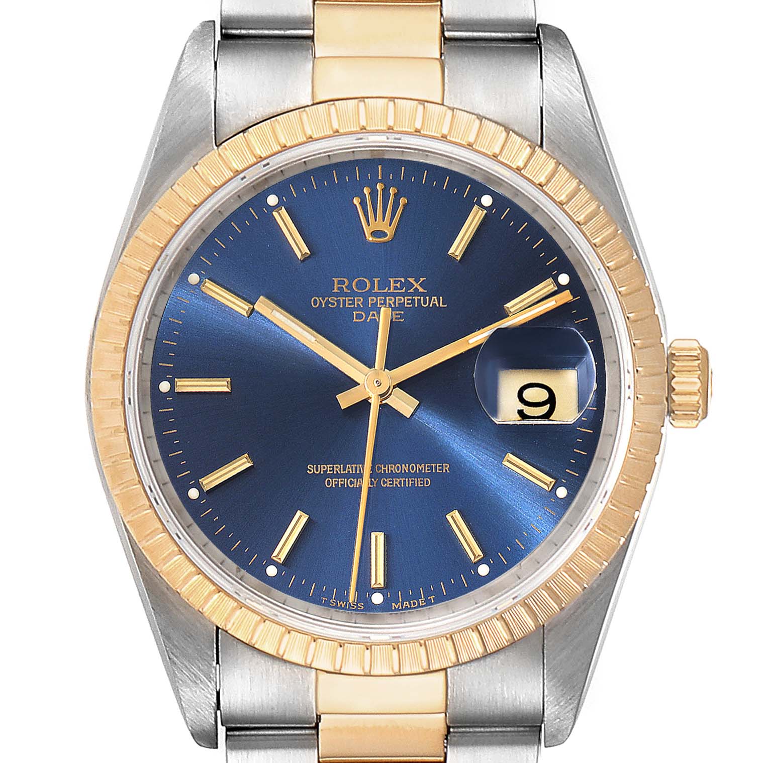 This image shows a front view of the Rolex Datejust 15223 Men's Steel and Gold (two tone) Blue Dial 15223 Men's Steel and Gold (two tone) Blue Dial watch, highlighting its blue dial, golden hour markers, and two-tone bracelet.