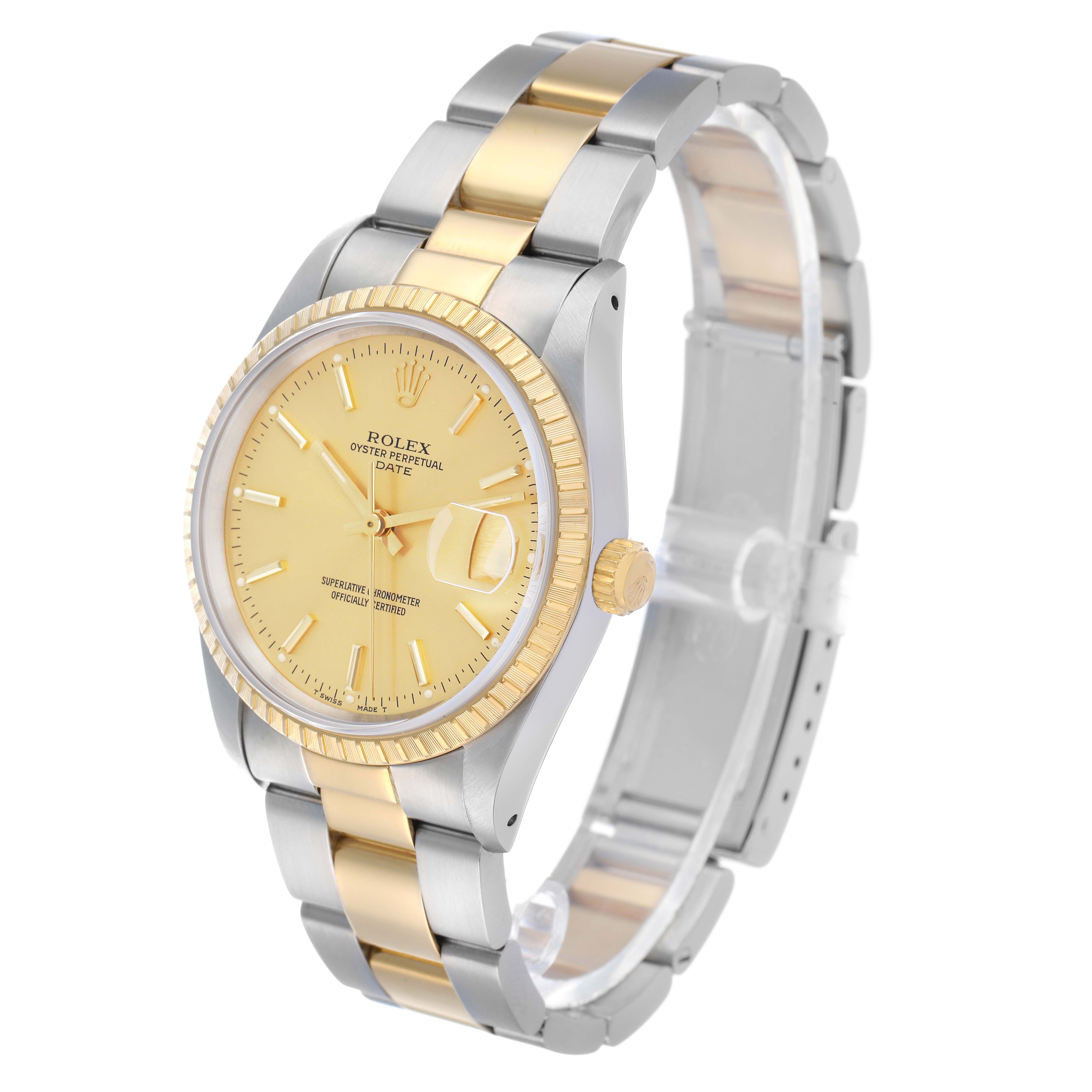 The Rolex Date 15223 Men's Steel and Gold (two tone) Champagne Dial watch is shown at a three-quarter angle, highlighting the face, bezel, crown, and two-tone bracelet.