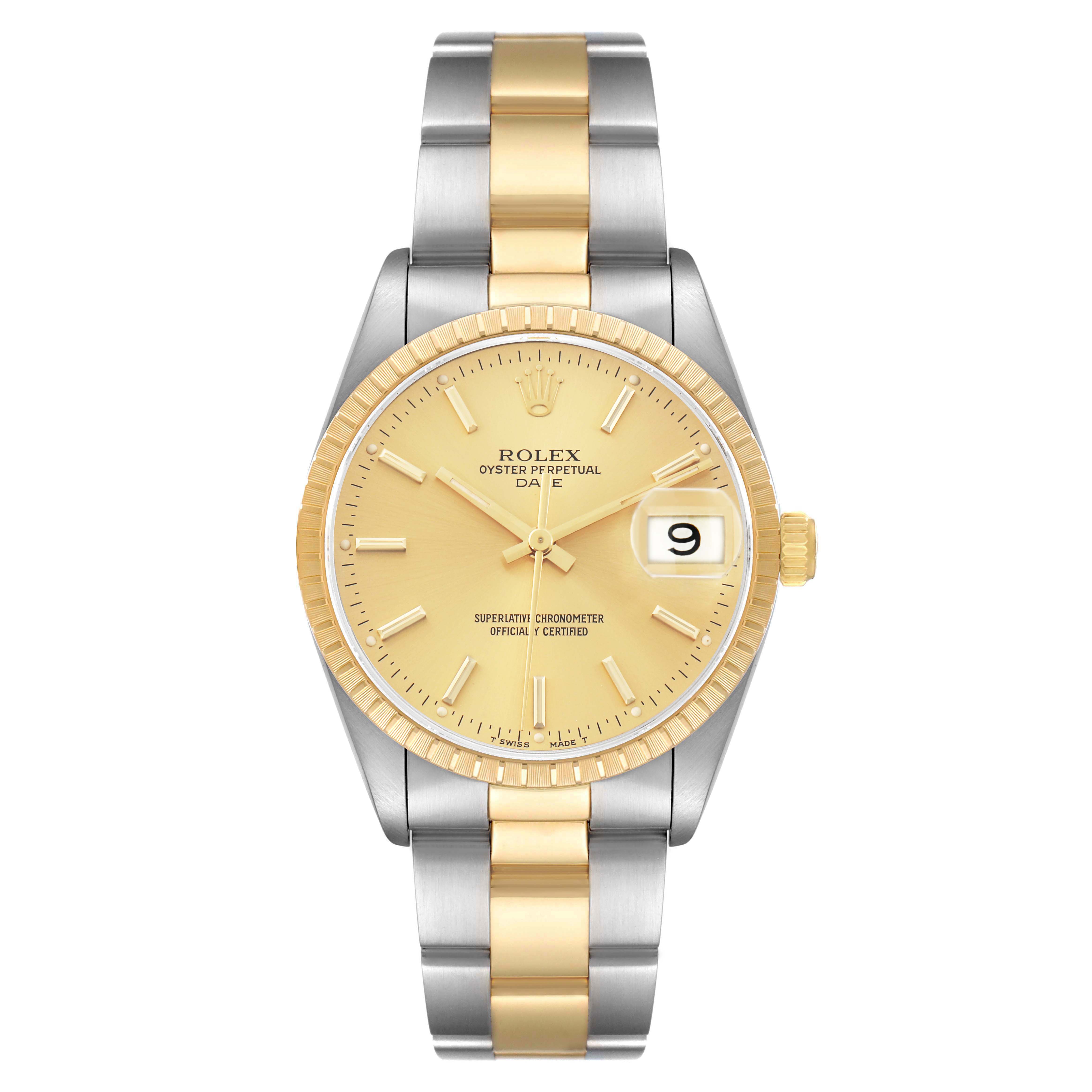 The Rolex Date 15223 Men's Steel and Gold (two tone) Champagne Dial model is shown from a top view, displaying the face, hands, and two-tone bracelet in detail.