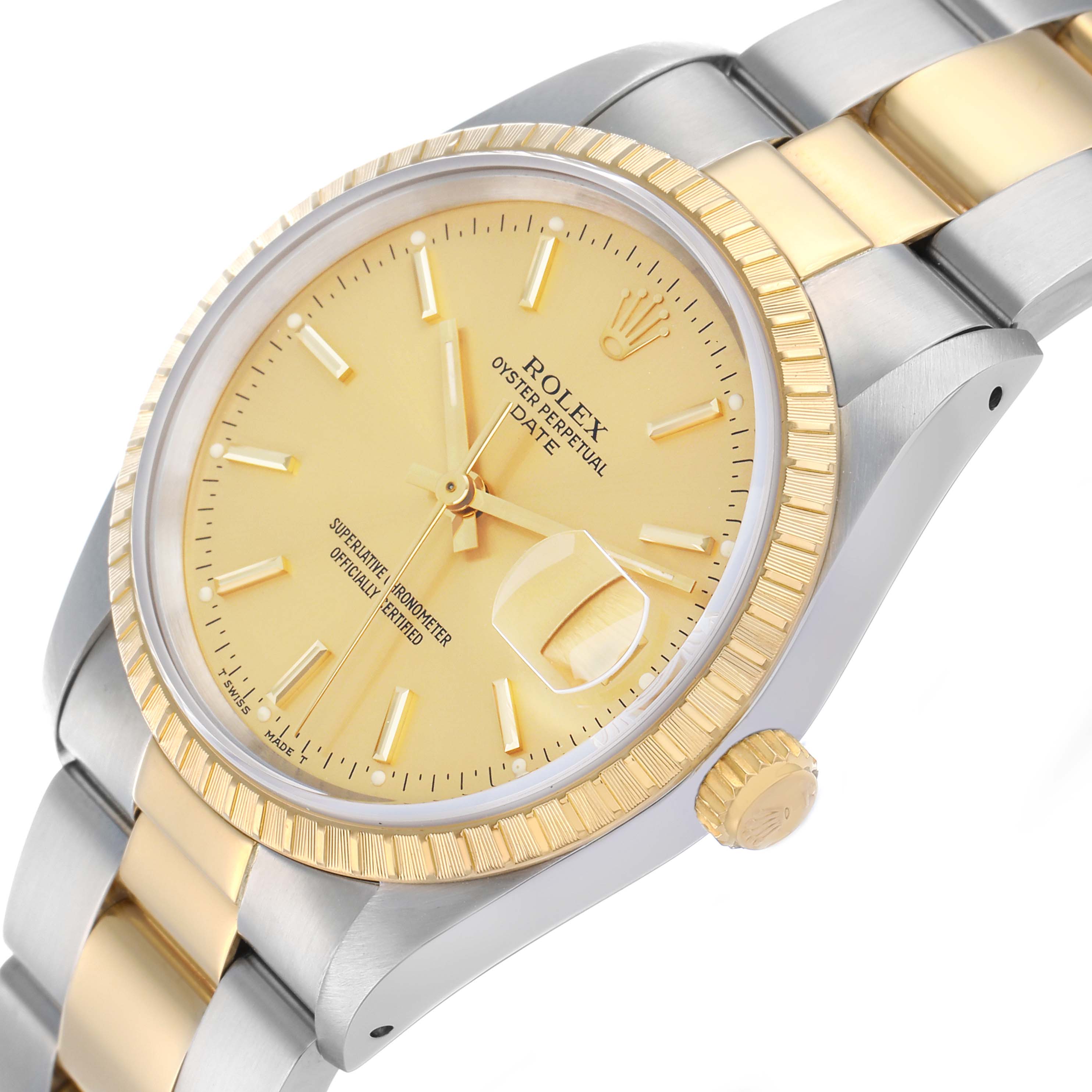 The Rolex Date 15223 Men's Steel and Gold (two tone) Champagne Dial is shown at a three-quarter angle, highlighting the dial, bezel, and bracelet.