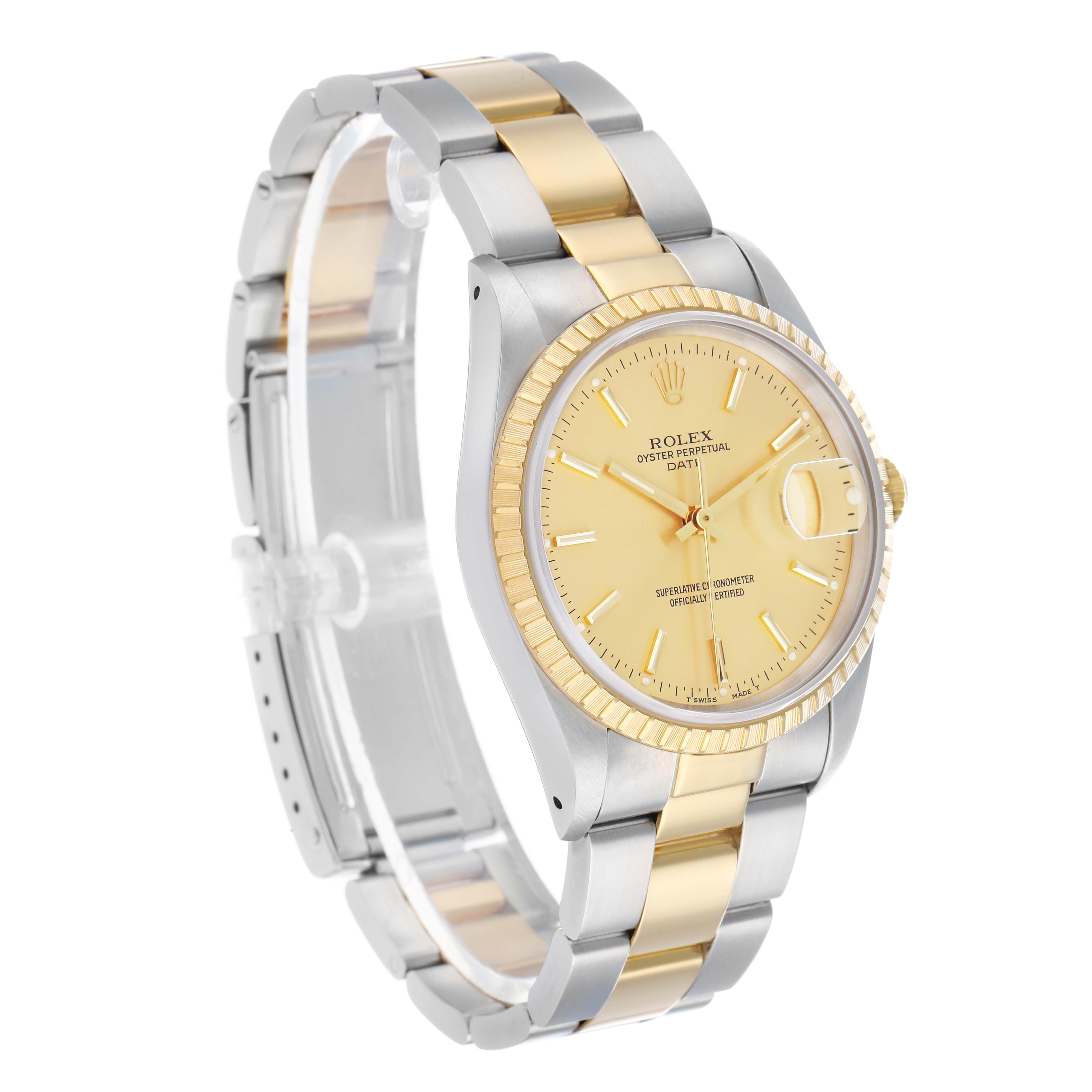 The image shows a Rolex Date 15223 Men's Steel and Gold (two tone) Champagne Dial watch at a three-quarter angle, highlighting the two-tone bracelet, gold dial, and fluted bezel.