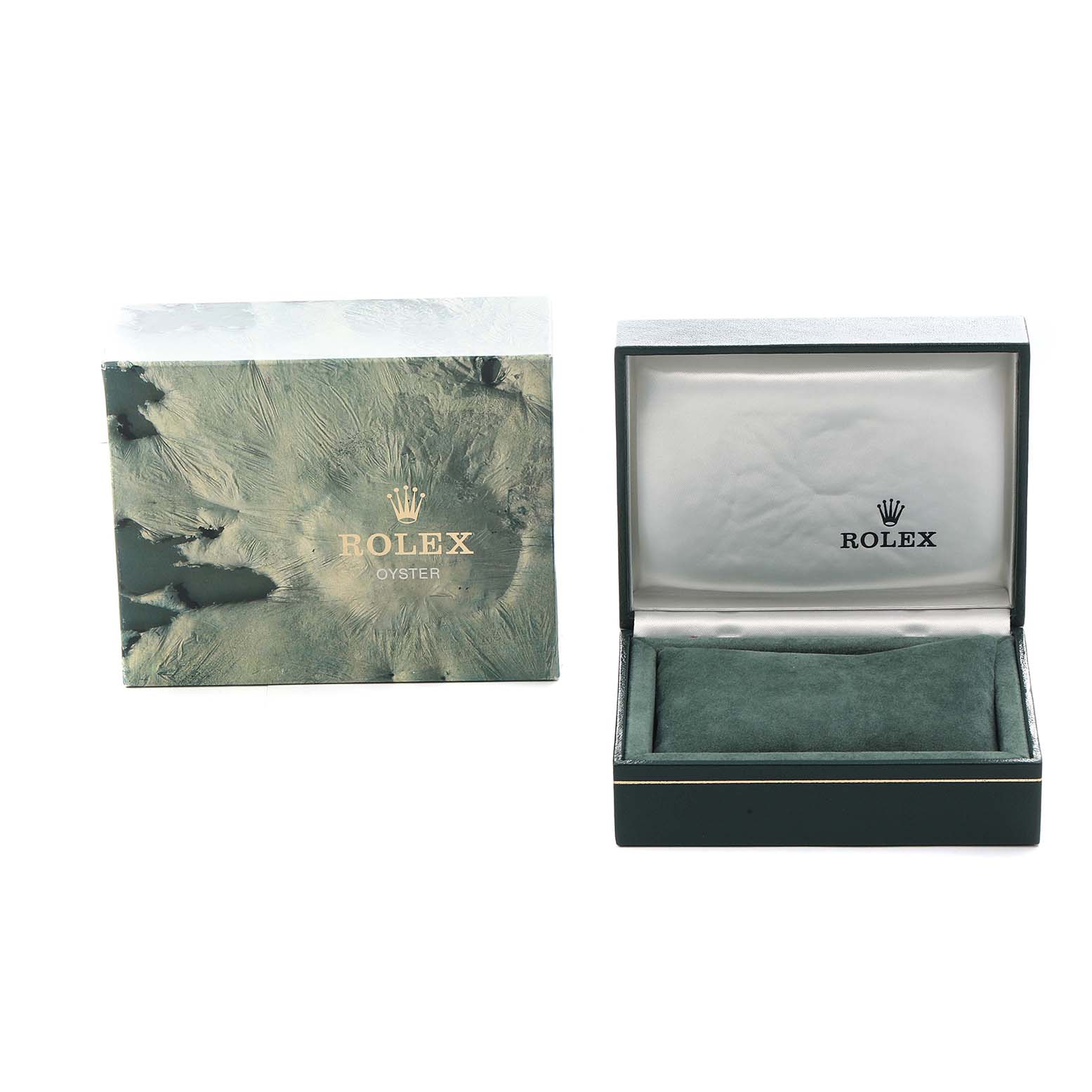 The image shows the box and case for a Rolex Date 15223 Men's Steel and Gold (two tone) Champagne Dial watch, with the box open and empty.