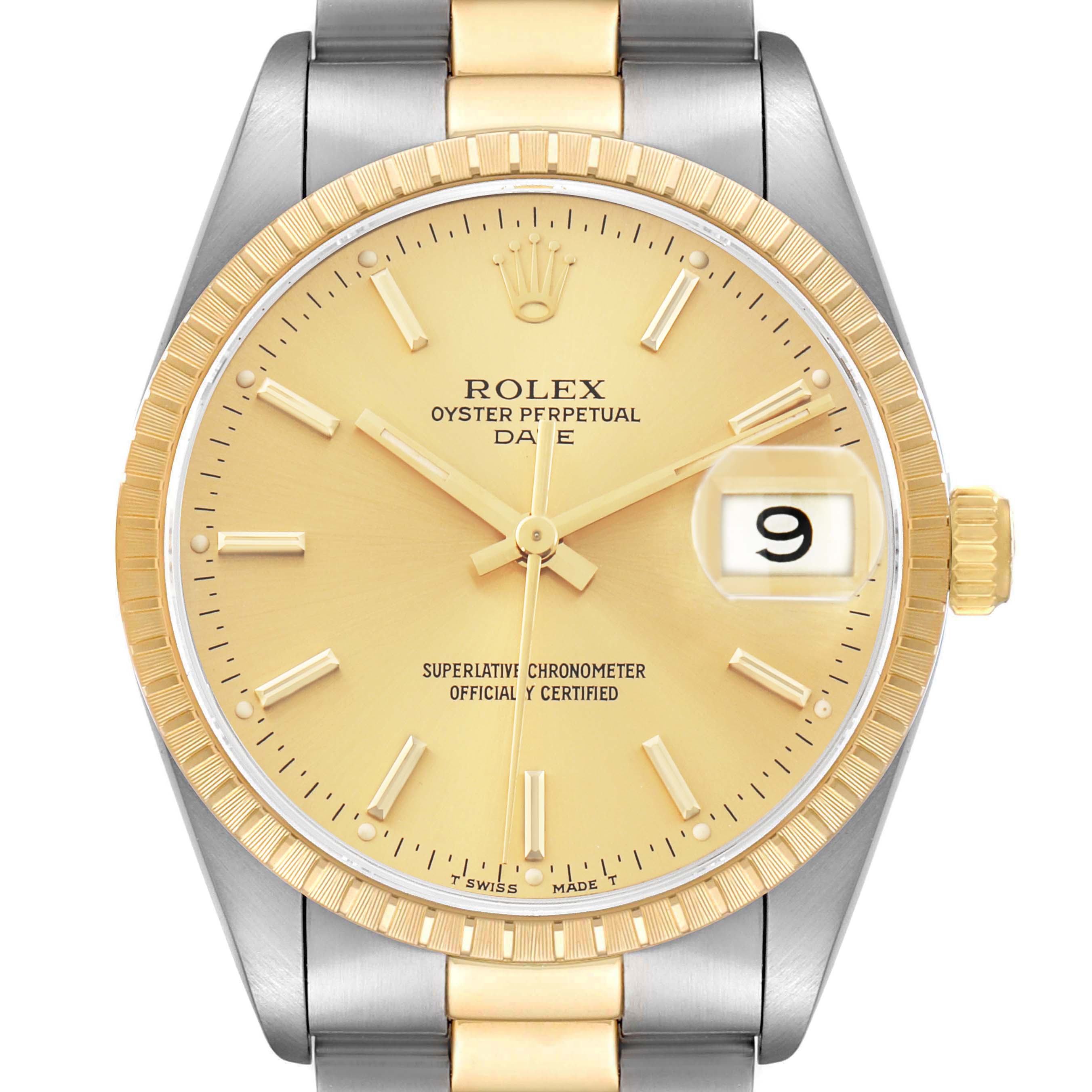 The Rolex Date 15223 Men's Steel and Gold (two tone) Champagne Dial watch is shown from a frontal angle, highlighting the dial, bezel, crown, and a portion of the bracelet.