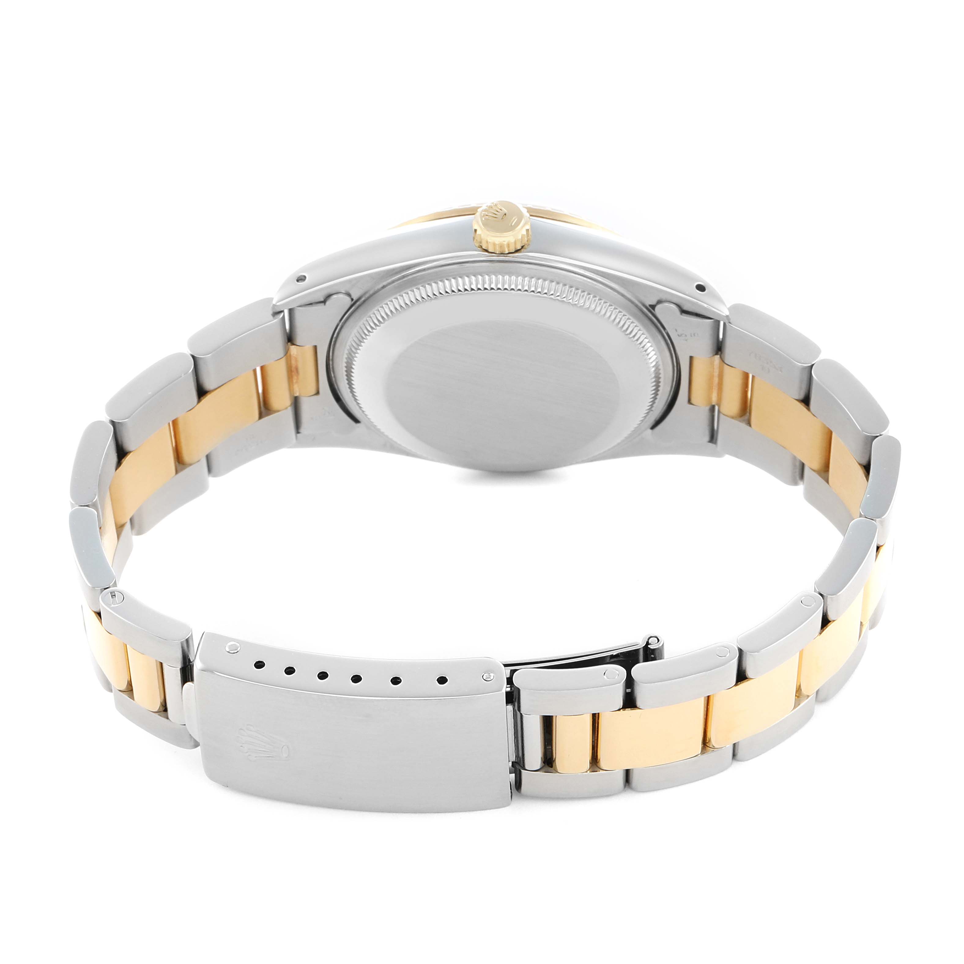 The image shows the back of the Rolex Date 15223 Men's Steel and Gold (two tone) Champagne Dial model, highlighting the clasp, bracelet, and caseback.