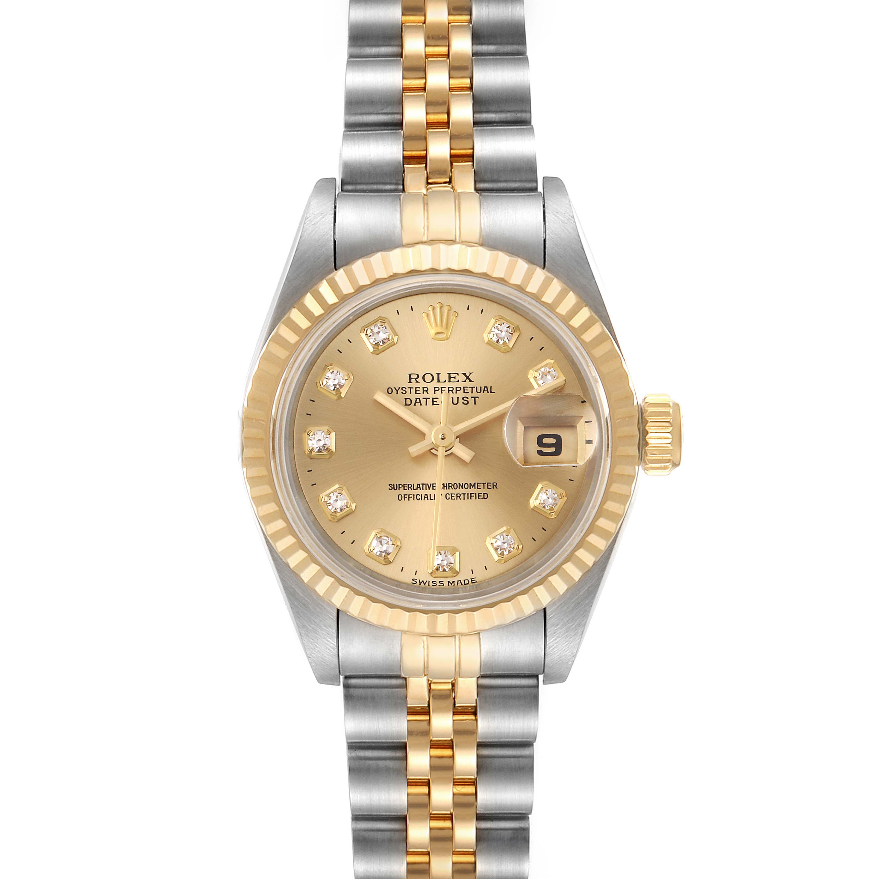 This image shows a front view of the Rolex Datejust 69173 Women's Steel and Gold (two tone) Champagne Dial 69173 Women's Steel and Gold (two tone) Champagne Dial watch, highlighting its dial, bezel, and two-tone bracelet.