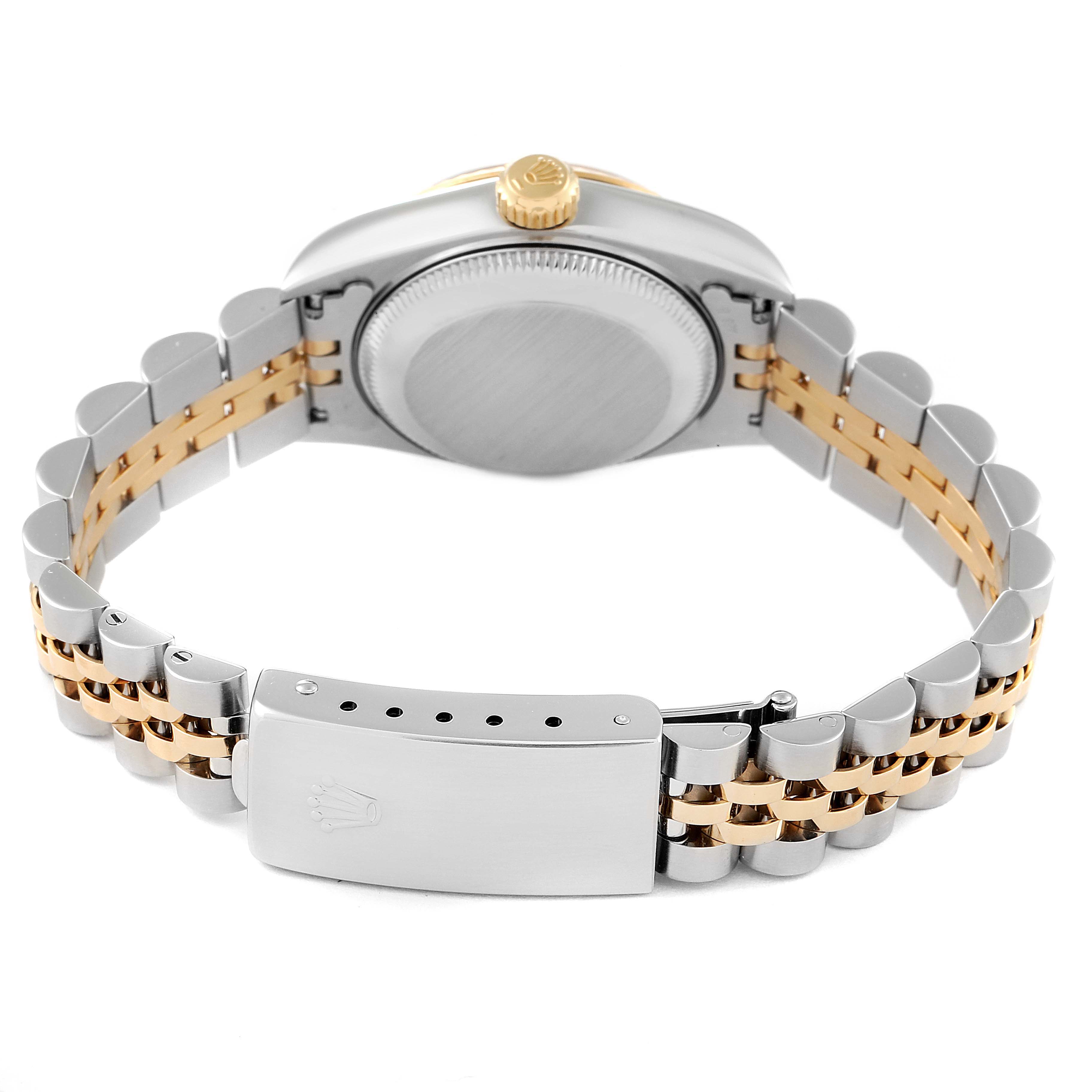 This image shows the back view and clasp of a Rolex Datejust 69173 Women's Steel and Gold (two tone) Champagne Dial 69173 Women's Steel and Gold (two tone) Champagne Dial watch, highlighting the two-tone bracelet and case back.