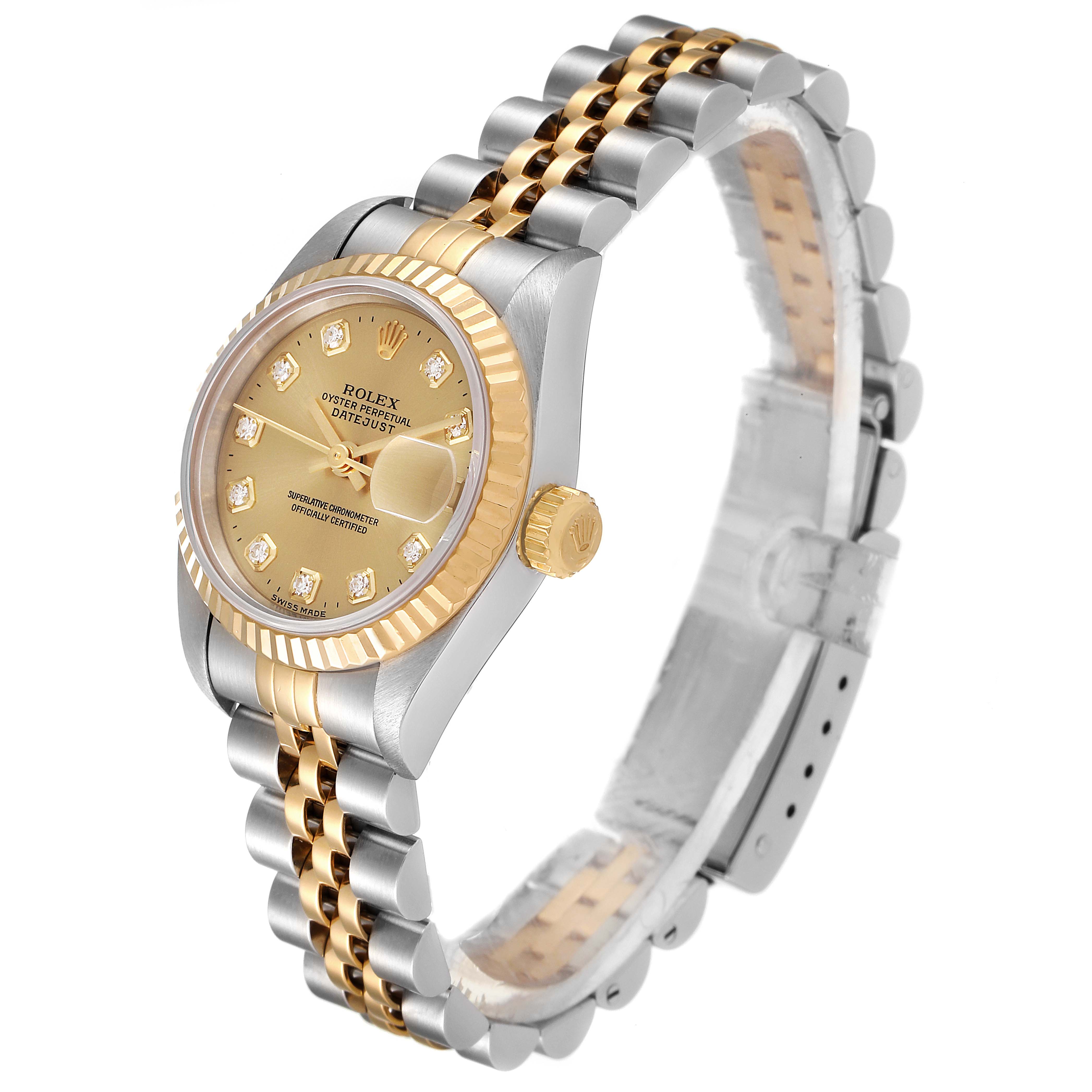 This image shows a Rolex Datejust 69173 Women's Steel and Gold (two tone) Champagne Dial 69173 Women's Steel and Gold (two tone) Champagne Dial watch from an angled perspective, highlighting the gold and silver bracelet, crown, and dial with date display.