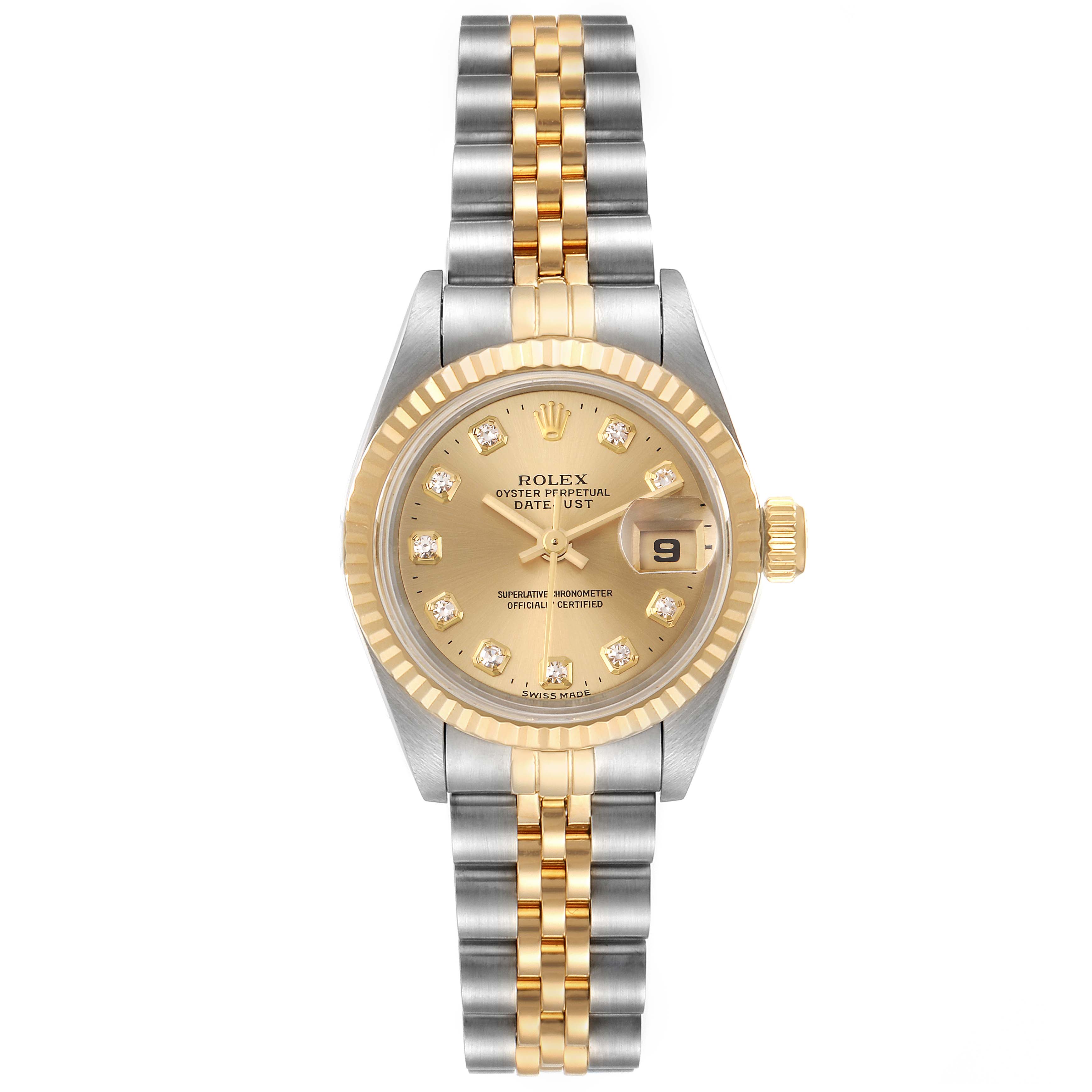 The Rolex Datejust 69173 Women's Steel and Gold (two tone) Champagne Dial 69173 Women's Steel and Gold (two tone) Champagne Dial watch is shown from a top-down angle, revealing its gold and silver bracelet, fluted bezel, champagne dial, and date indicator.