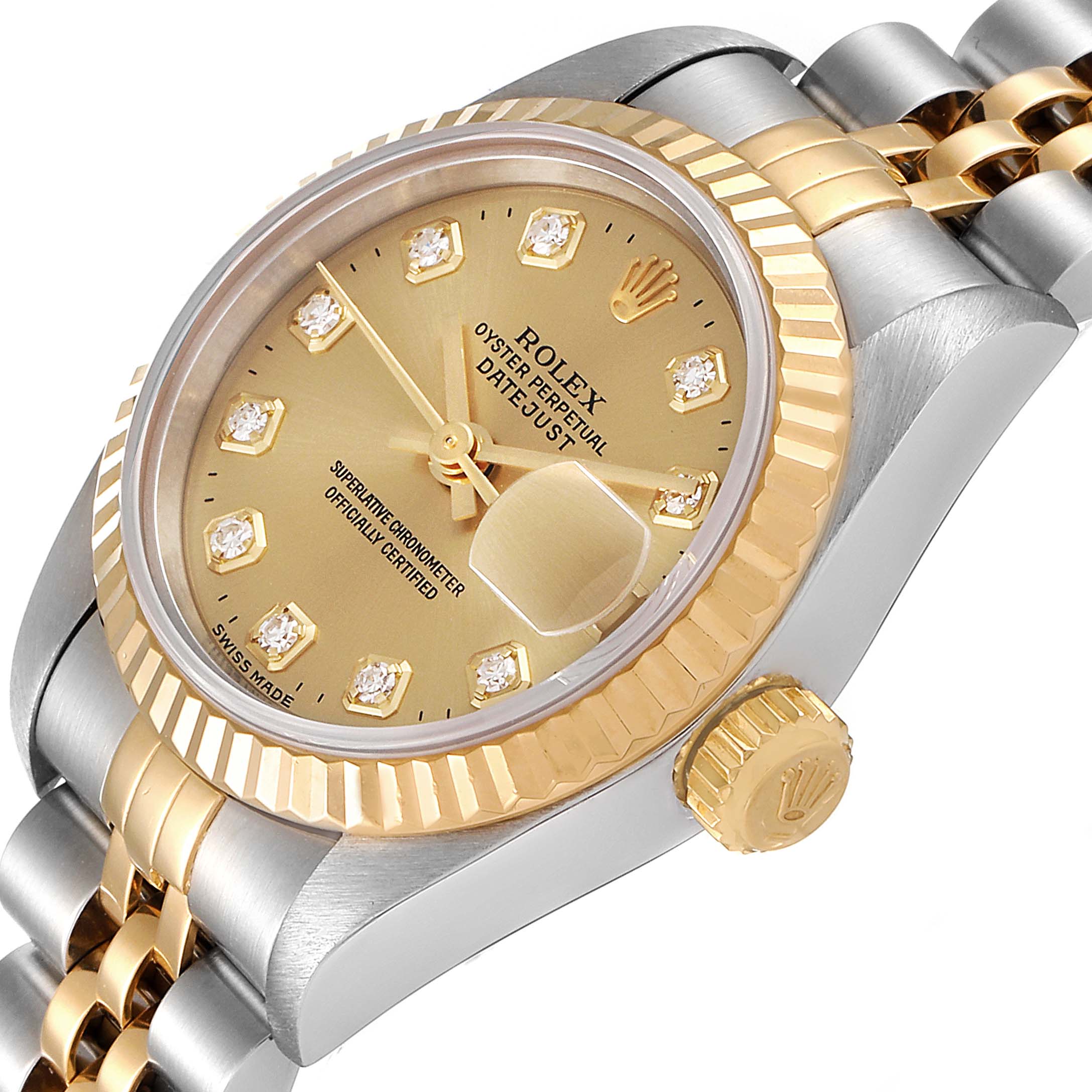 This image shows a close-up, angled view of a Rolex Datejust 69173 Women's Steel and Gold (two tone) Champagne Dial 69173 Women's Steel and Gold (two tone) Champagne Dial watch, highlighting the gold dial, bezel, bracelet, and crown.
