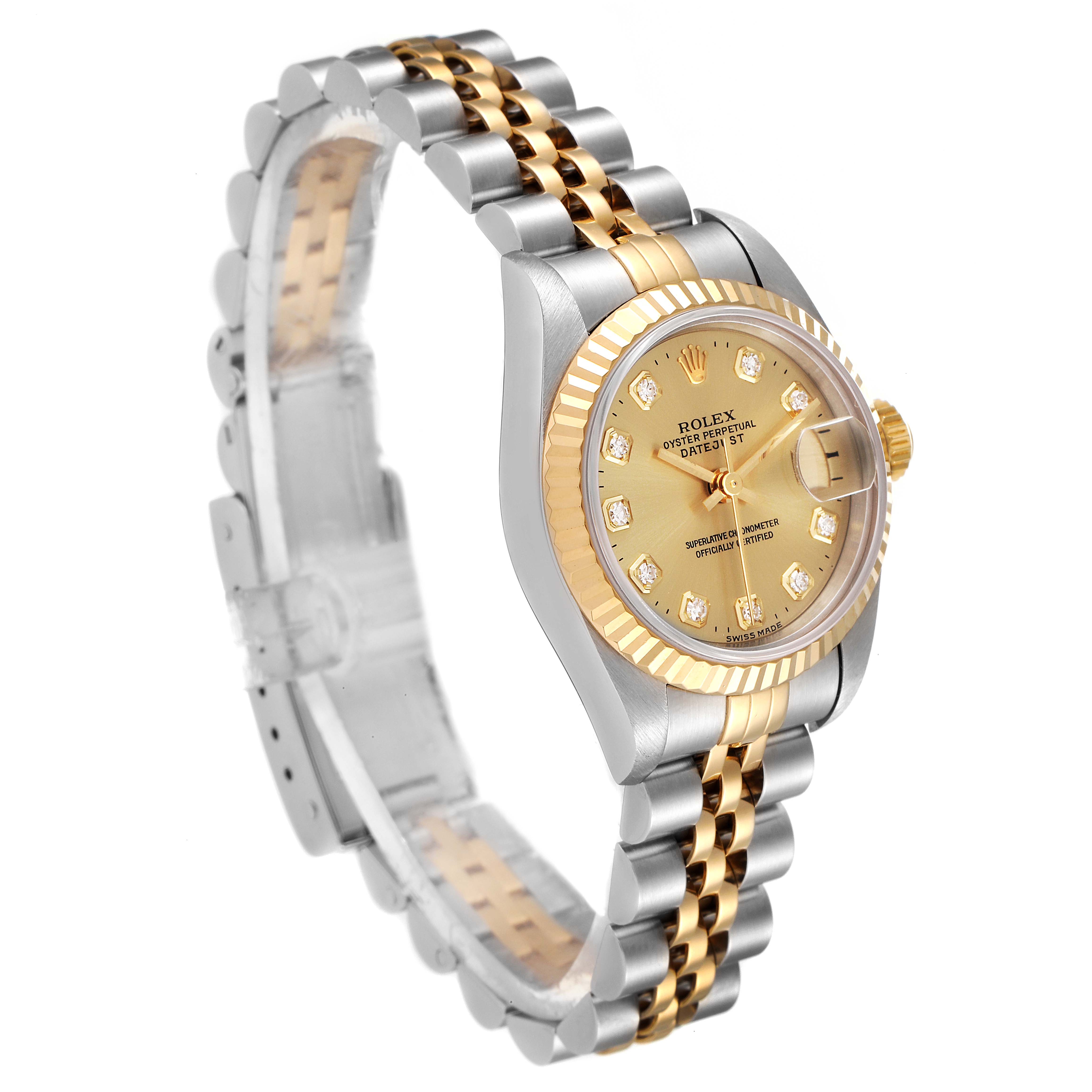 The Rolex Datejust 69173 Women's Steel and Gold (two tone) Champagne Dial 69173 Women's Steel and Gold (two tone) Champagne Dial watch is shown at an angled side view displaying the face, bezel, and part of the bracelet.