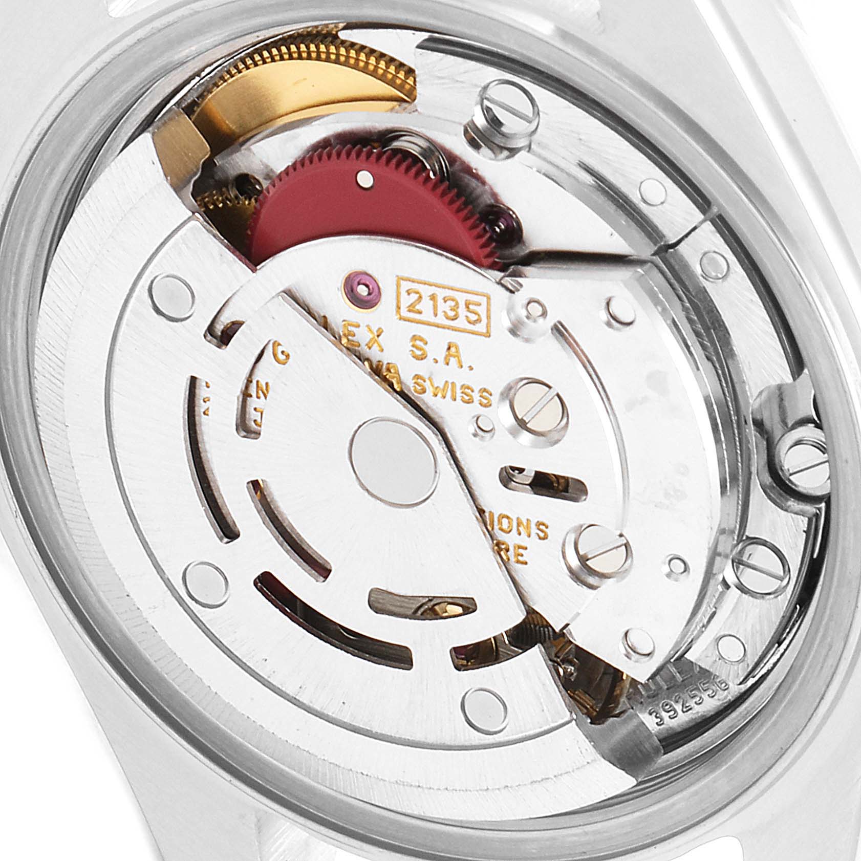 This image shows a close-up of the movement from the back of a Rolex Datejust 69173 Women's Steel and Gold (two tone) Champagne Dial 69173 Women's Steel and Gold (two tone) Champagne Dial watch, highlighting its internal mechanical parts.