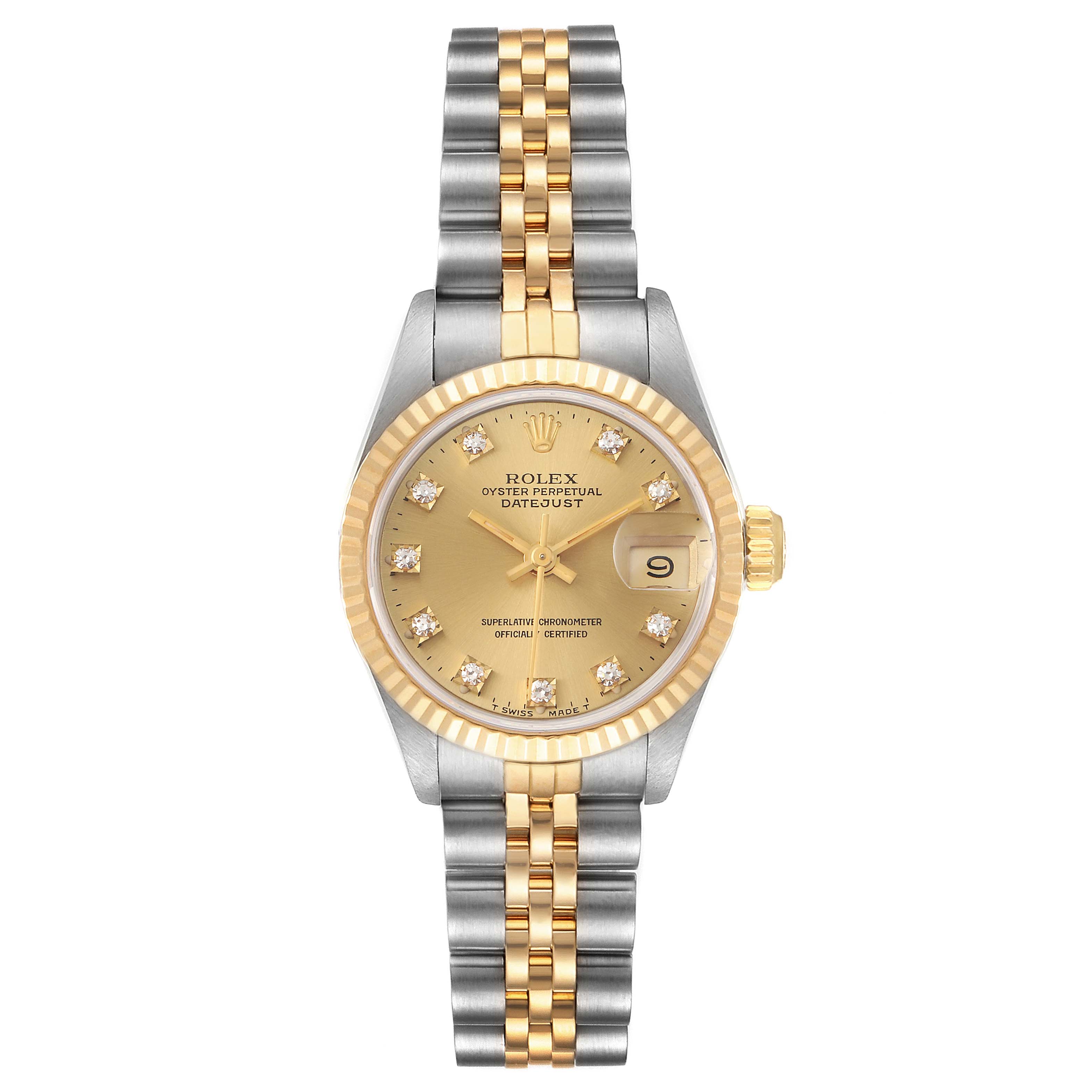 This image shows a front view of a Rolex Datejust 69173 Women's Steel and Gold (two tone) Champagne Dial 69173 Women's Steel and Gold (two tone) Champagne Dial watch with a two-tone bracelet and diamond hour markers.