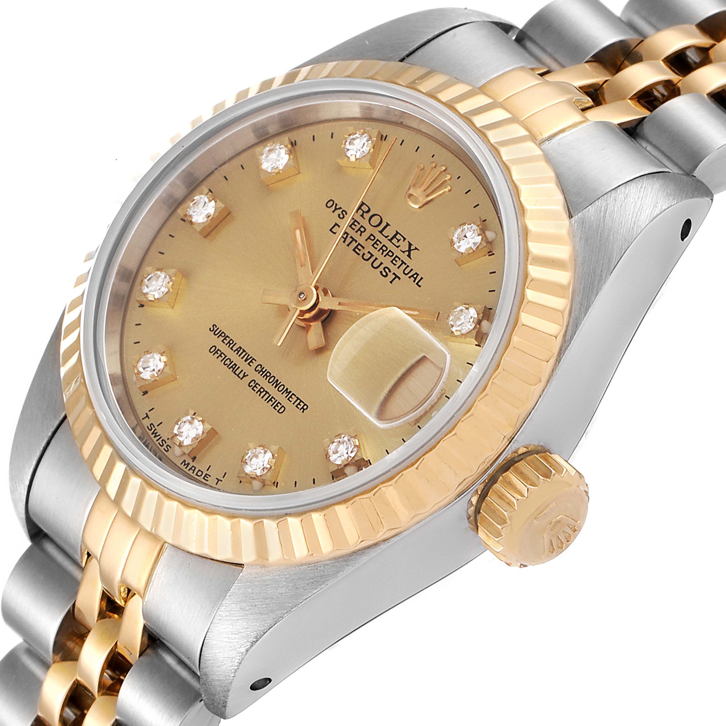 The photo shows a close-up view of the dial, bezel, and crown of a Rolex Datejust 69173 Women's Steel and Gold (two tone) Champagne Dial 69173 Women's Steel and Gold (two tone) Champagne Dial watch at a slight angle.