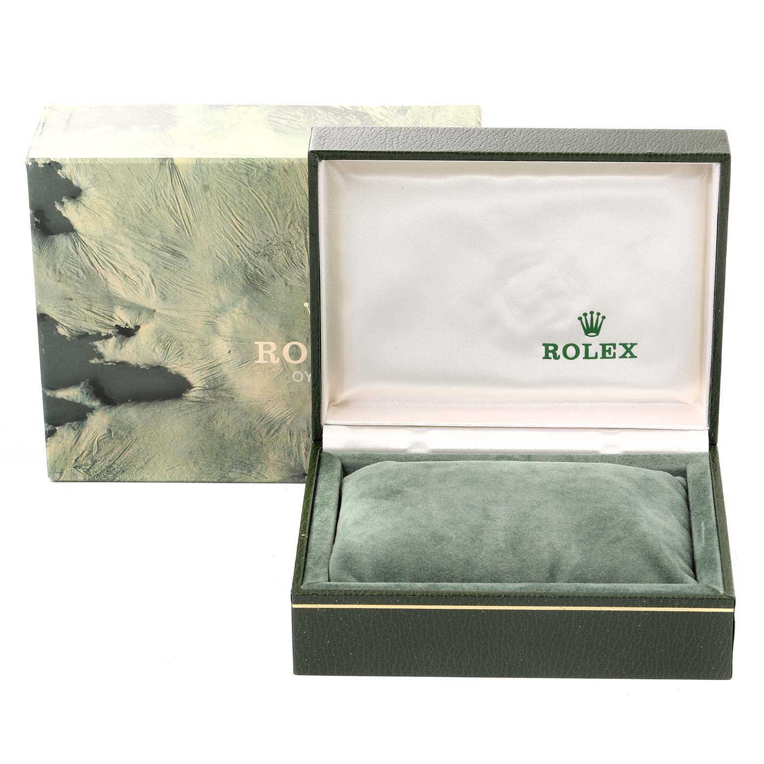 This image shows the packaging box and open case of a Rolex Datejust 69173 Women's Steel and Gold (two tone) Champagne Dial 69173 Women's Steel and Gold (two tone) Champagne Dial watch, including the interior cushion.