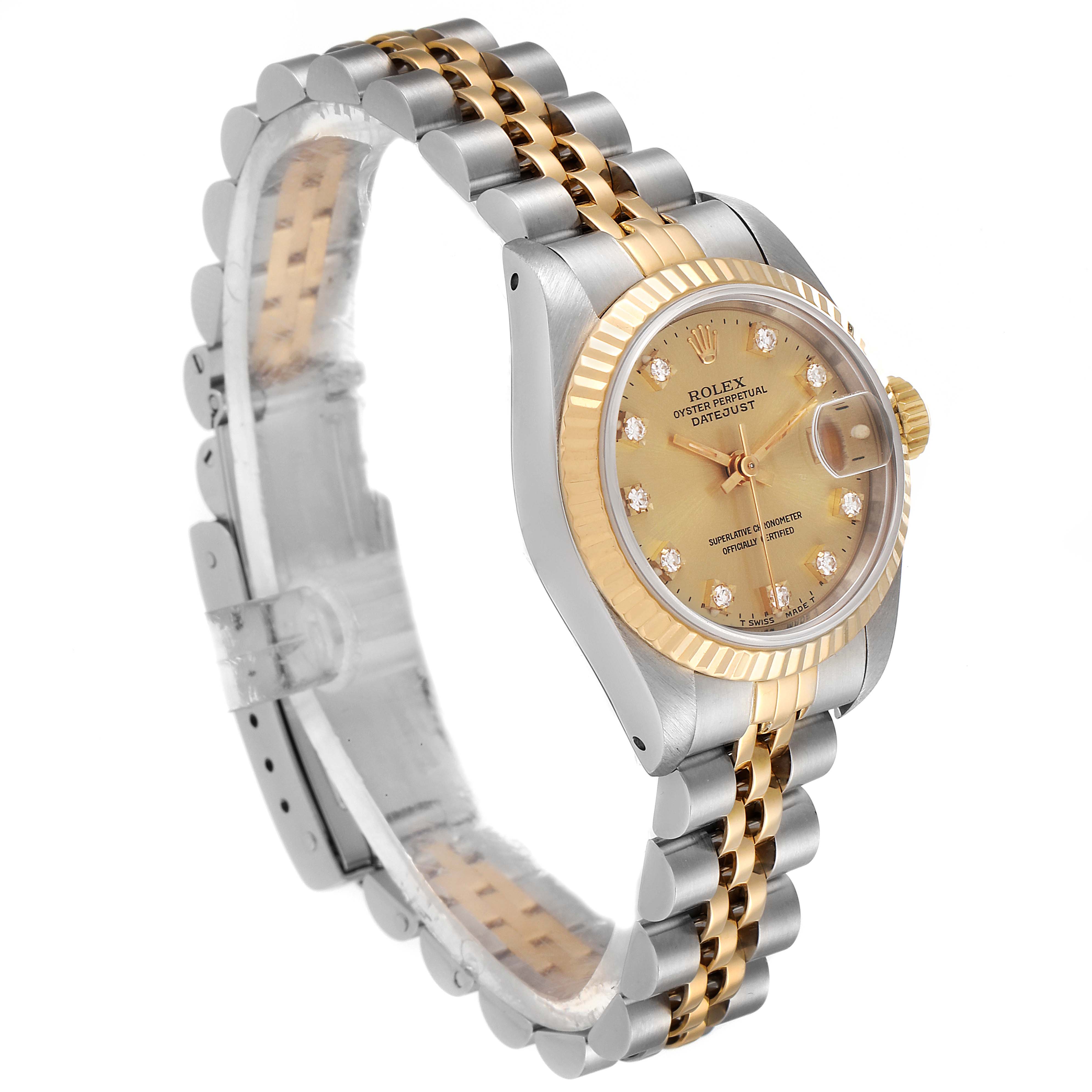 This Rolex Datejust 69173 Women's Steel and Gold (two tone) Champagne Dial 69173 Women's Steel and Gold (two tone) Champagne Dial watch is shown at an angled view, displaying its face, crown, and two-tone bracelet.