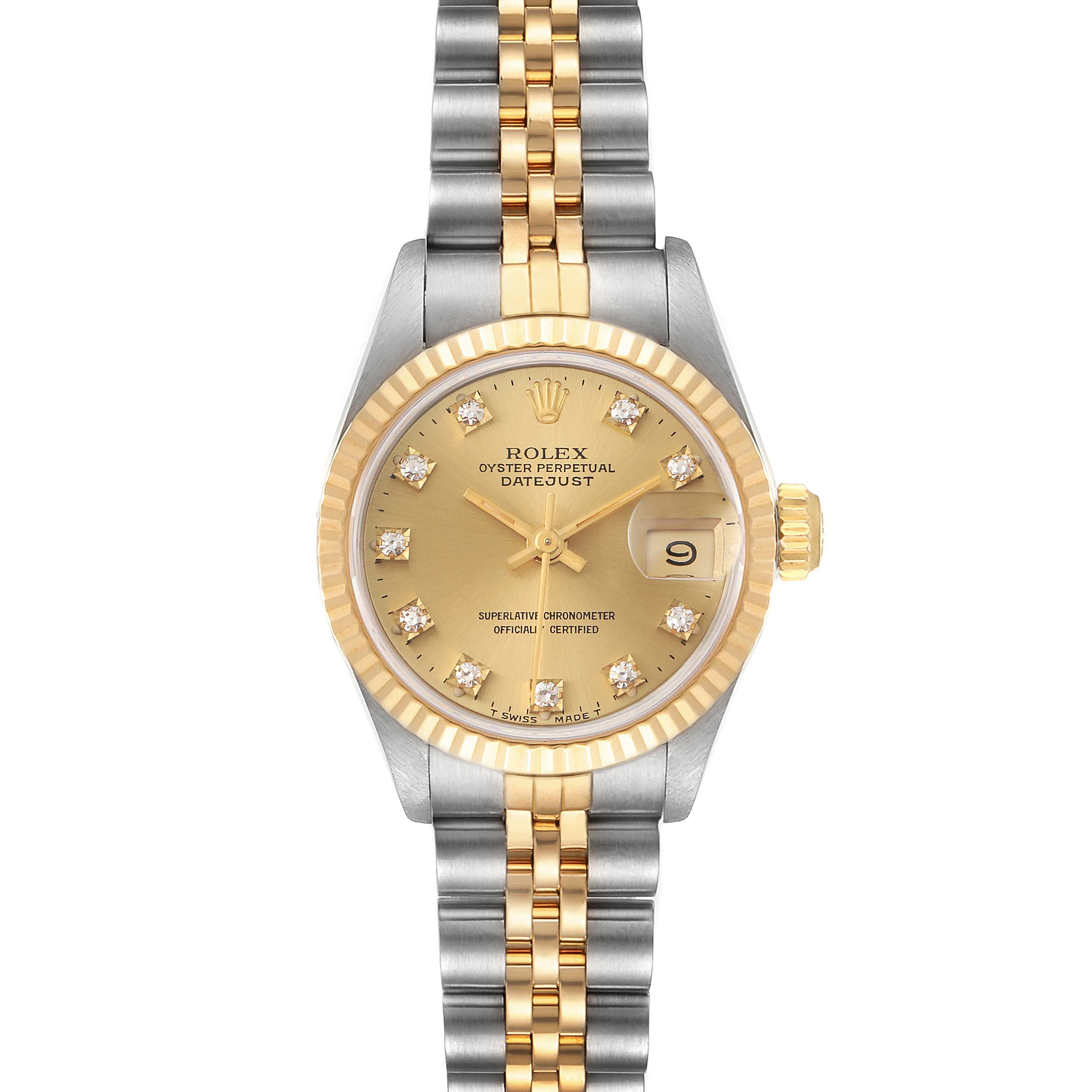 The image shows the front view of a Rolex Datejust 69173 Women's Steel and Gold (two tone) Champagne Dial 69173 Women's Steel and Gold (two tone) Champagne Dial watch, detailing its dial, bezel, and bracelet.