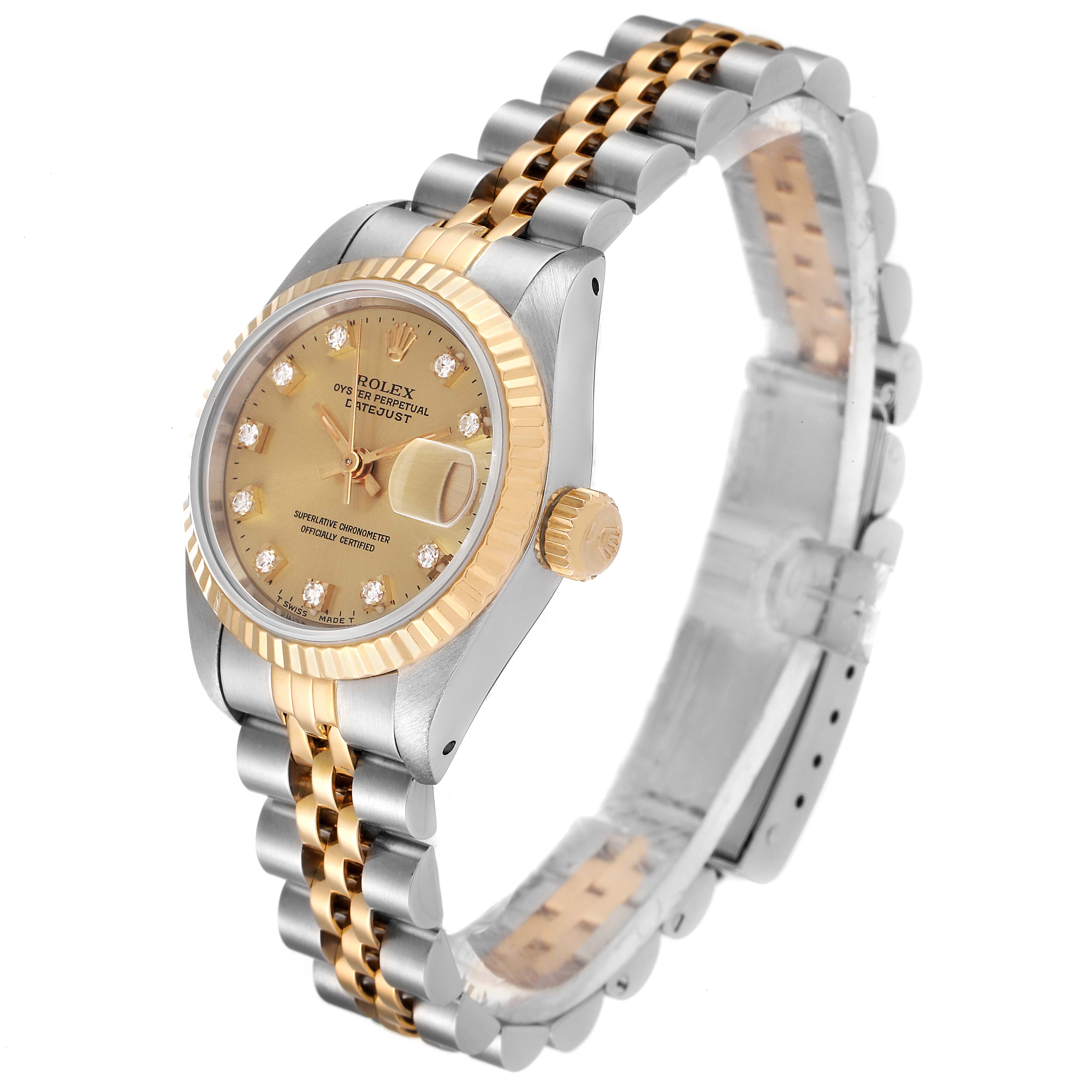 This image shows a side and front angle of a Rolex Datejust 69173 Women's Steel and Gold (two tone) Champagne Dial 69173 Women's Steel and Gold (two tone) Champagne Dial watch, highlighting its dial, bezel, and jubilee bracelet.