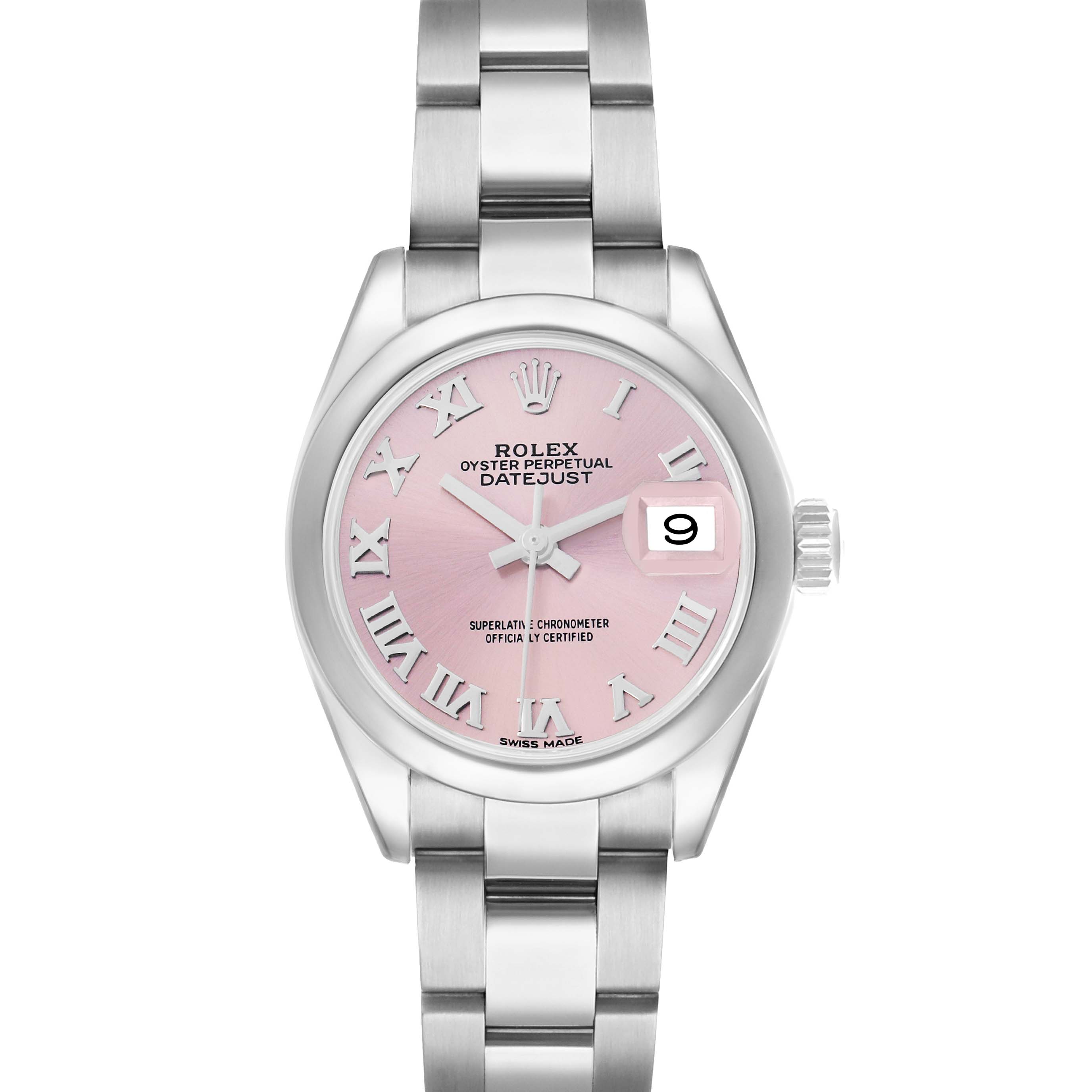The Rolex Datejust 279160 Women's Stainless Steel Pink Dial watch is shown from the front, displaying its pink dial, Roman numerals, and stainless steel bracelet.