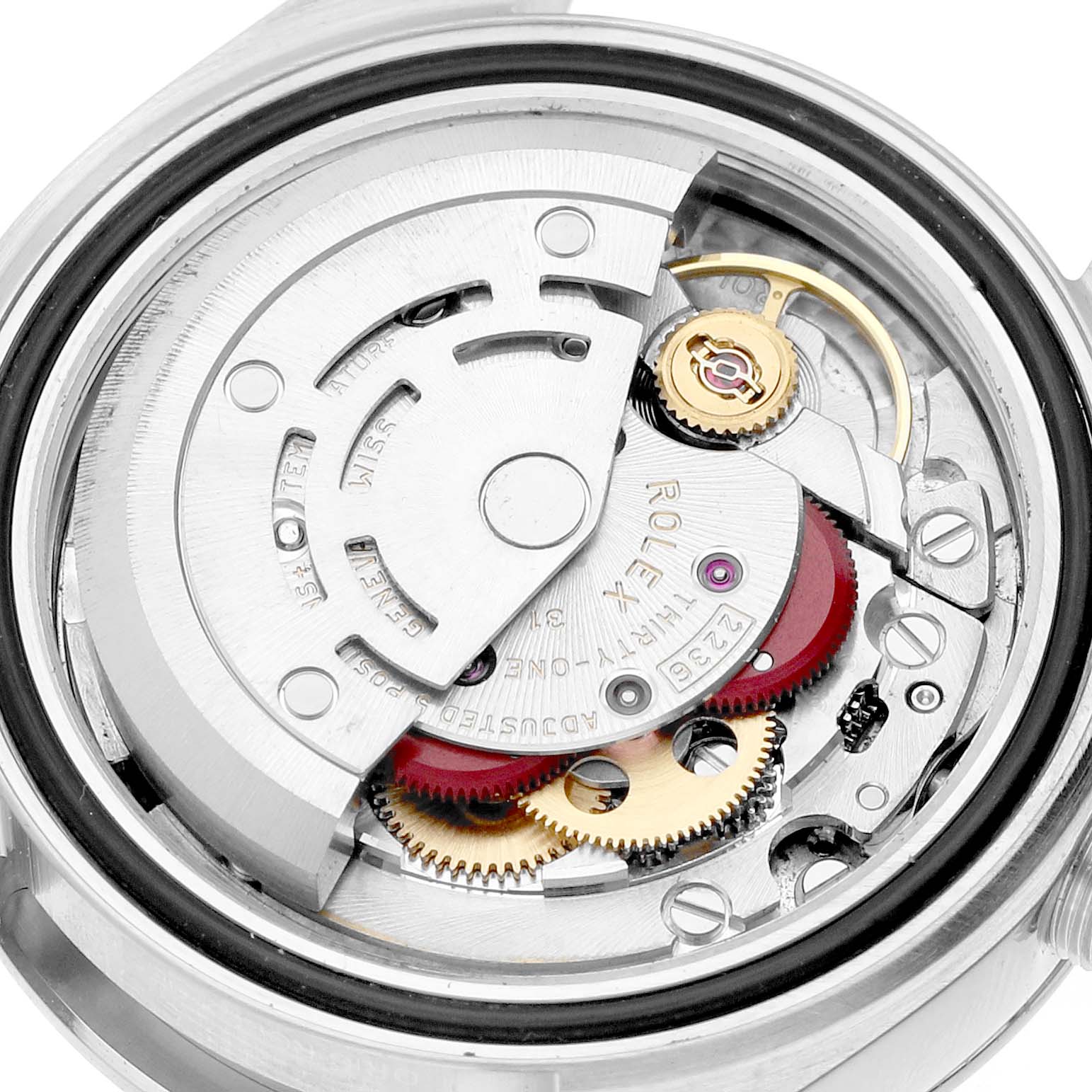 The image shows the movement of a Rolex Datejust 279160 Women's Stainless Steel Pink Dial watch from the back, highlighting gears and components.