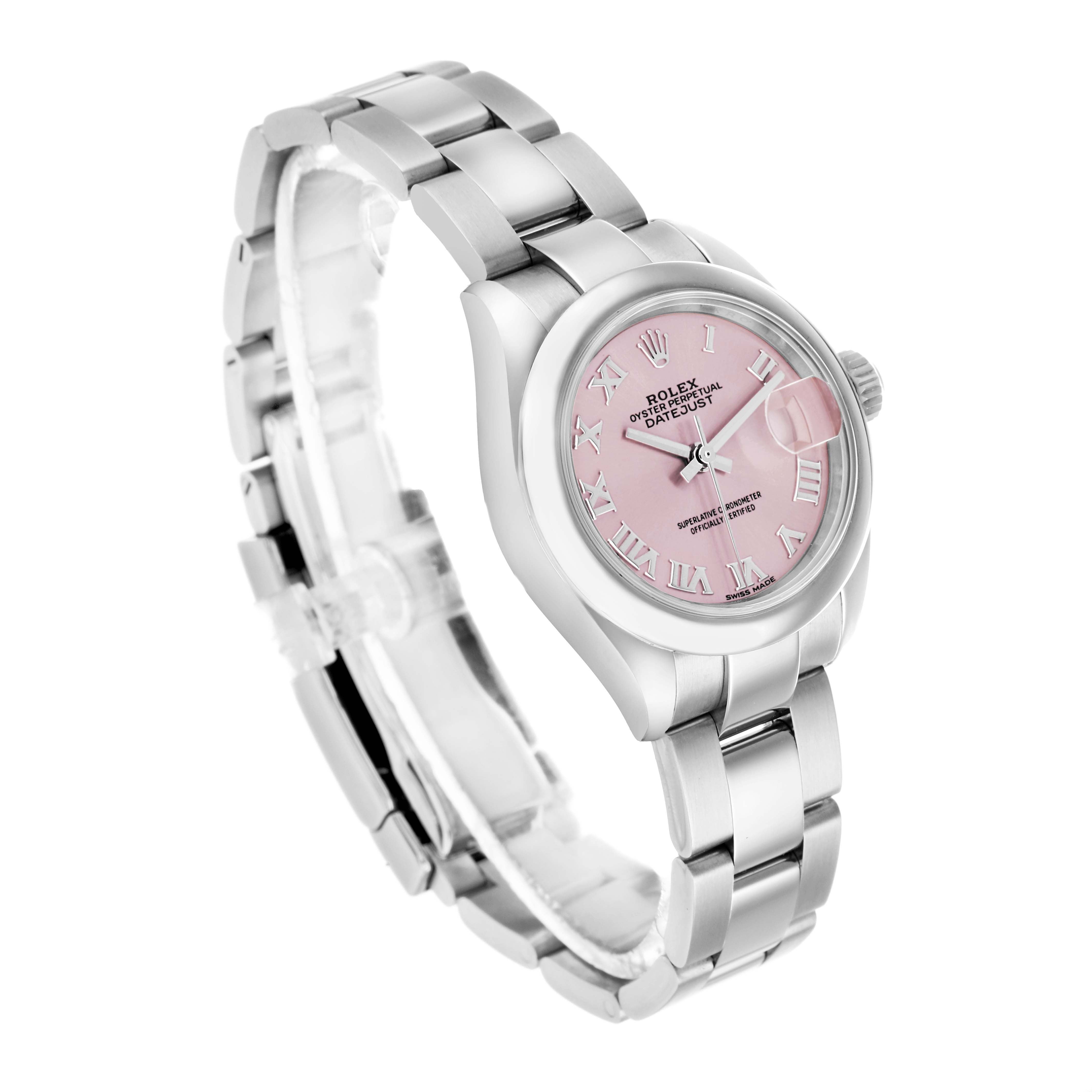 The Rolex Datejust 279160 Women's Stainless Steel Pink Dial watch is shown at a slight angle, displaying its pink dial, silver hour markers, bracelet, and crown.