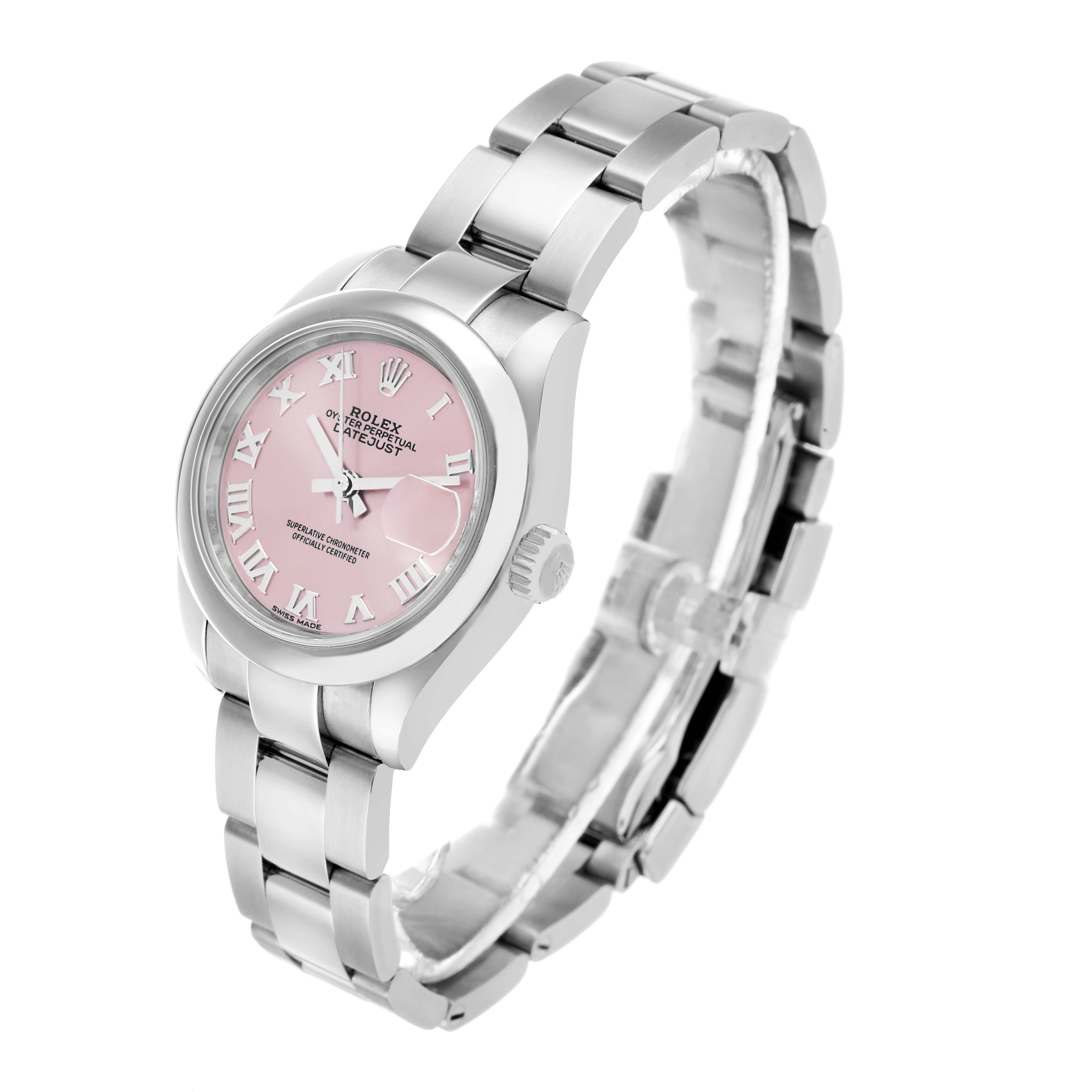 The Rolex Datejust 279160 Women's Stainless Steel Pink Dial watch is shown in a three-quarter angle, highlighting the pink dial, bezel, and bracelet.