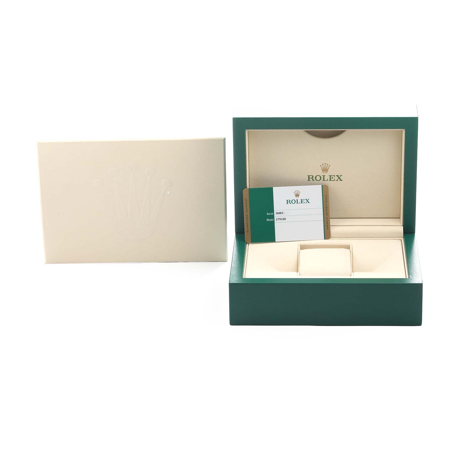 The image shows a Rolex Datejust 279160 Women's Stainless Steel Pink Dial watch box, cardholder, and card displayed from a frontal angle.