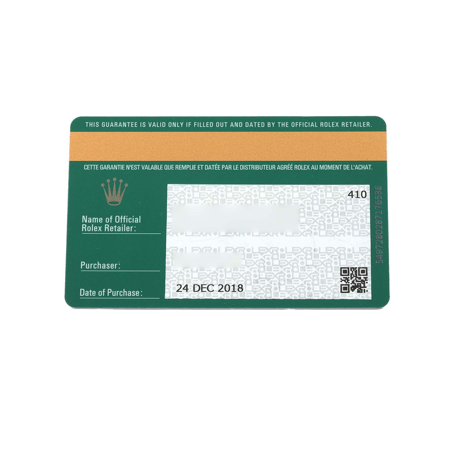 The image shows a guarantee card for the Rolex Datejust 279160 Women's Stainless Steel Pink Dial watch model.