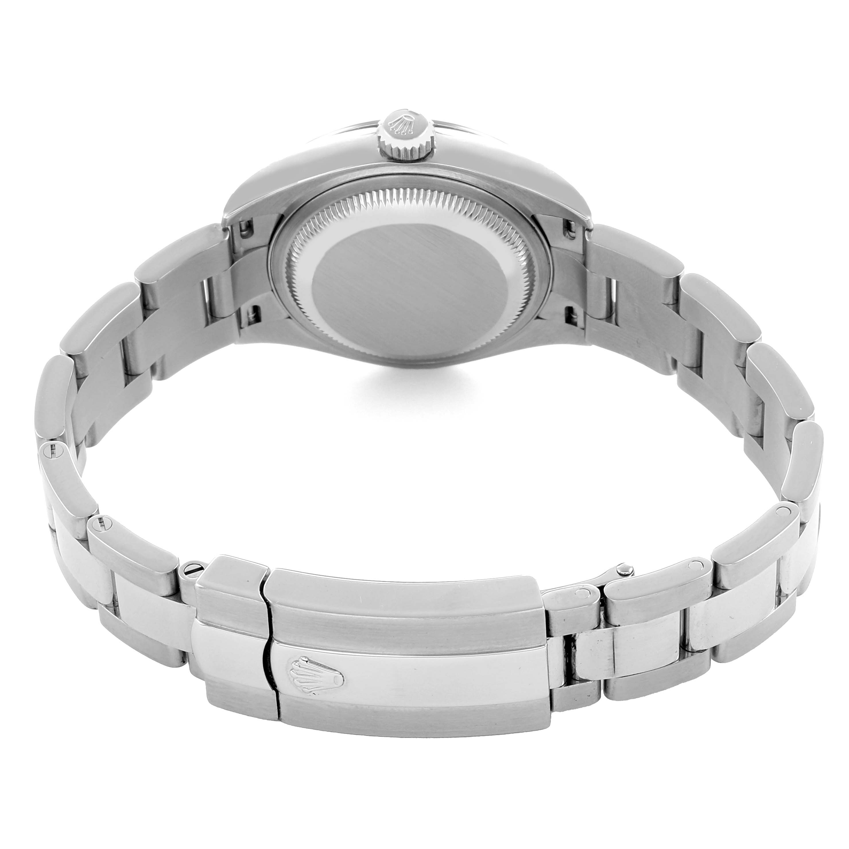 The image shows the back view of a Rolex Datejust 279160 Women's Stainless Steel Pink Dial, highlighting the case back and bracelet with a clasp.