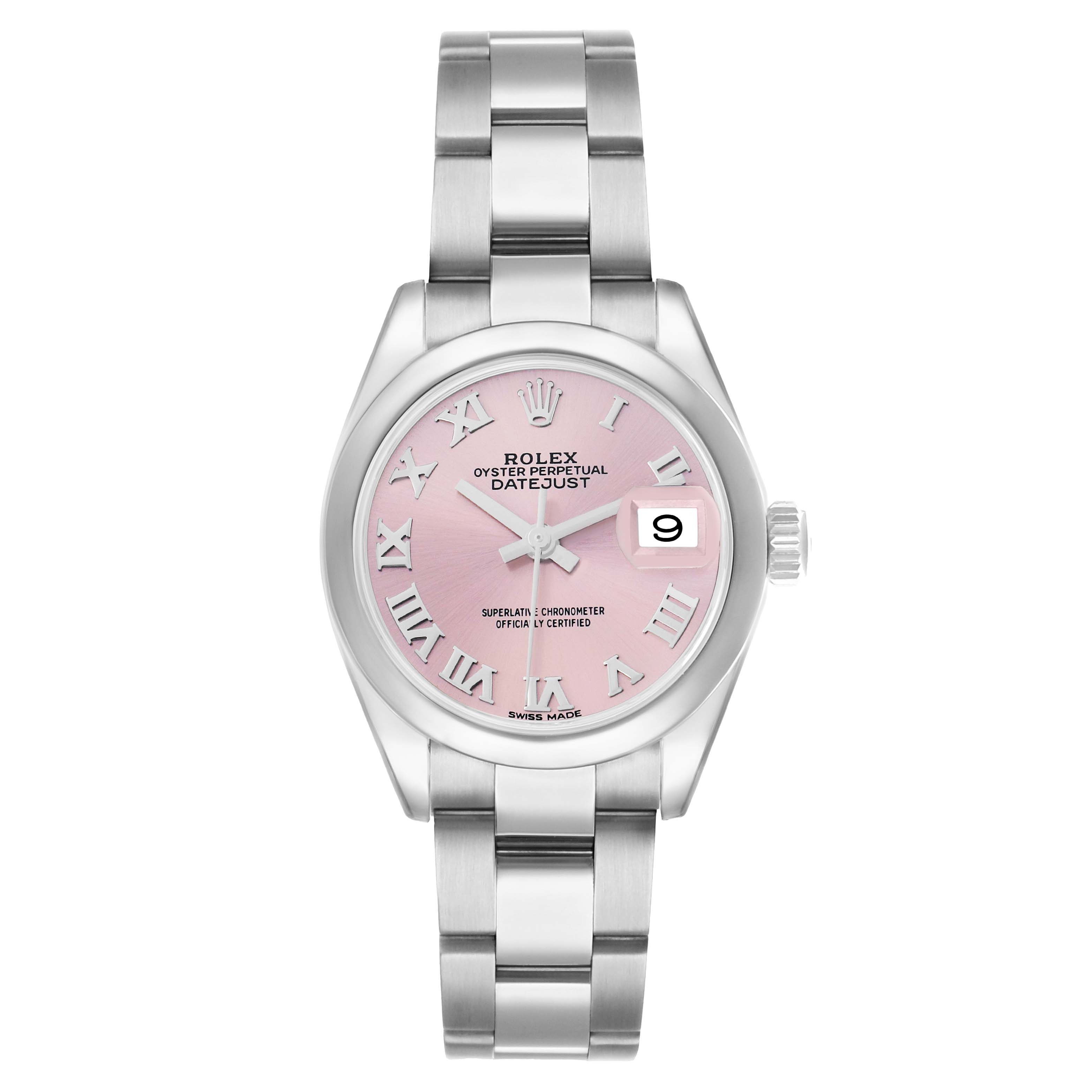The Rolex Datejust 279160 Women's Stainless Steel Pink Dial watch is shown from a front angle, displaying its pink dial, Roman numerals, and stainless steel bracelet.