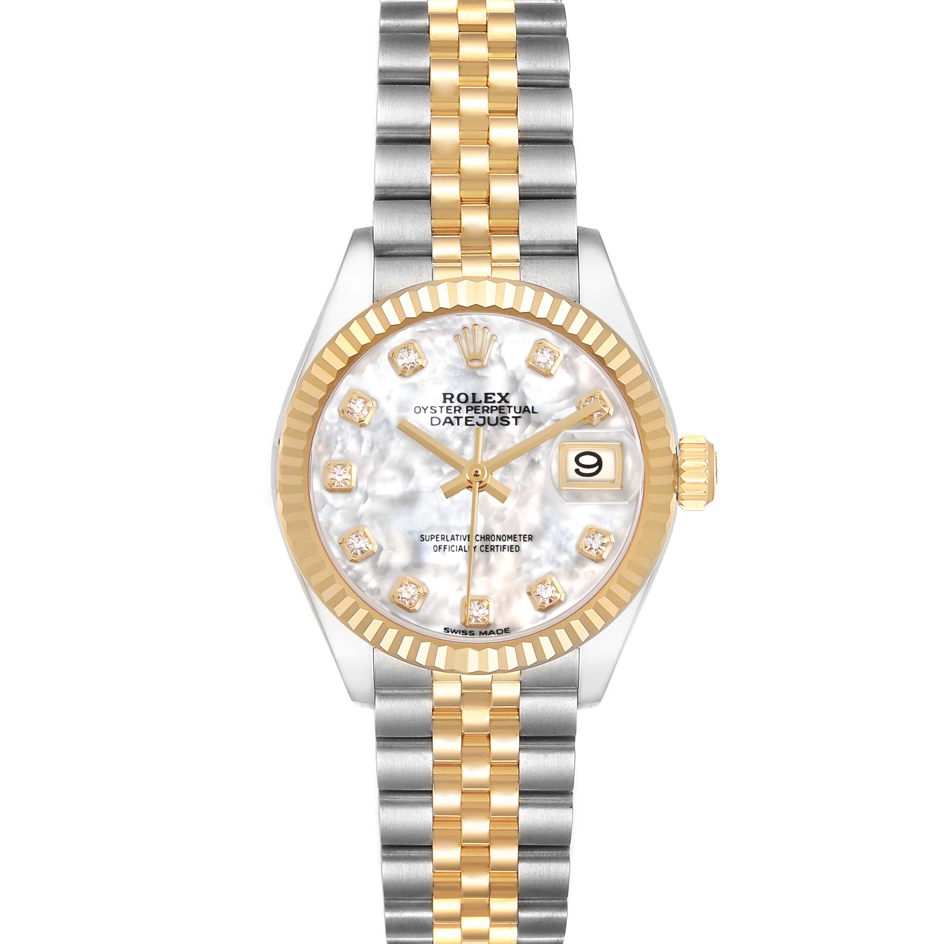 The Rolex Datejust 279173 Women's Steel and Gold (two tone) Mother of Pearl Dial is shown from the front, displaying its gold bezel, dial, and two-tone bracelet.