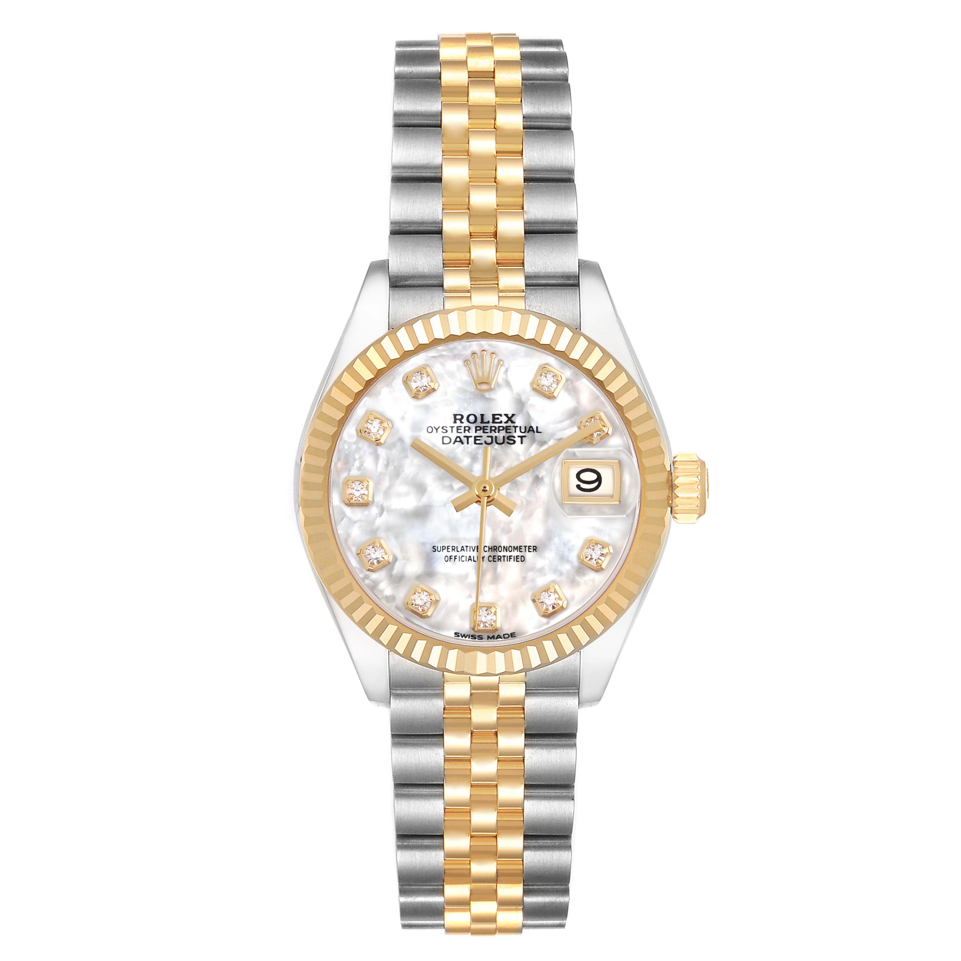 The Rolex Datejust 279173 Women's Steel and Gold (two tone) Mother of Pearl Dial watch is shown from a top-down angle, displaying its bi-metal bracelet, fluted bezel, and diamond hour markers.