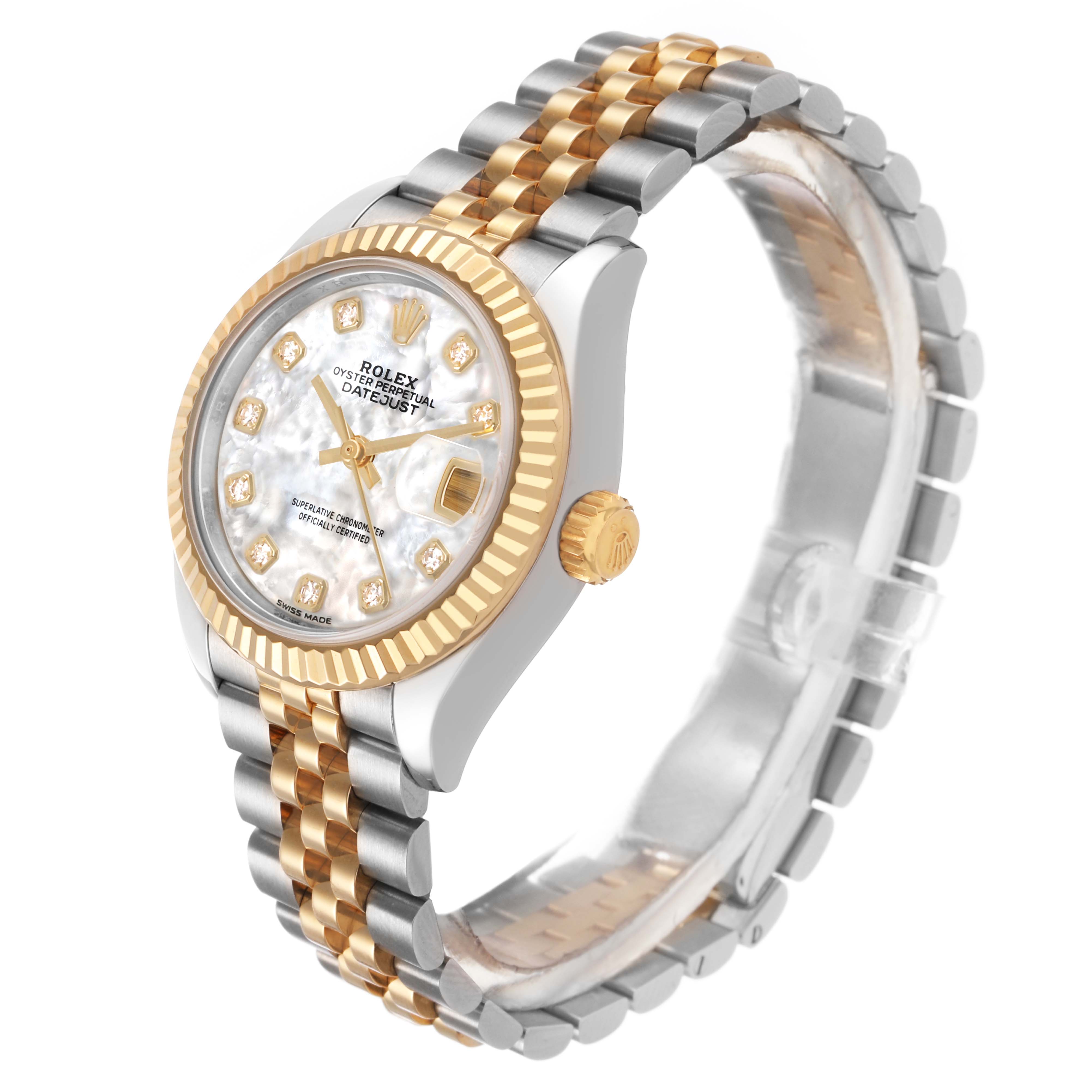 The Rolex Datejust 279173 Women's Steel and Gold (two tone) Mother of Pearl Dial watch is shown at a three-quarter angle, highlighting its bezel, dial, and two-tone bracelet.