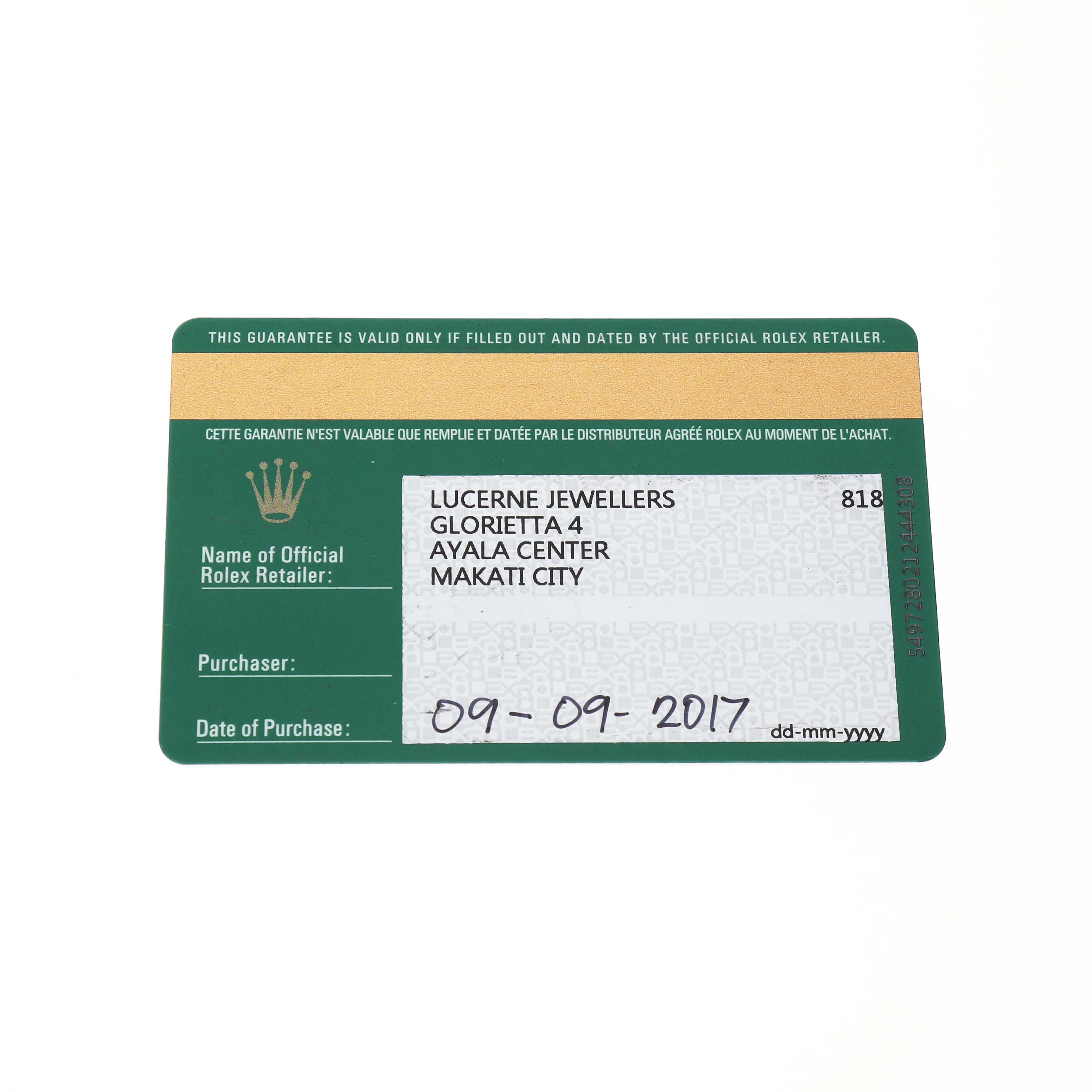 The image shows a warranty card for a Rolex Datejust 279173 Women's Steel and Gold (two tone) Mother of Pearl Dial, listing the retailer and purchase date.