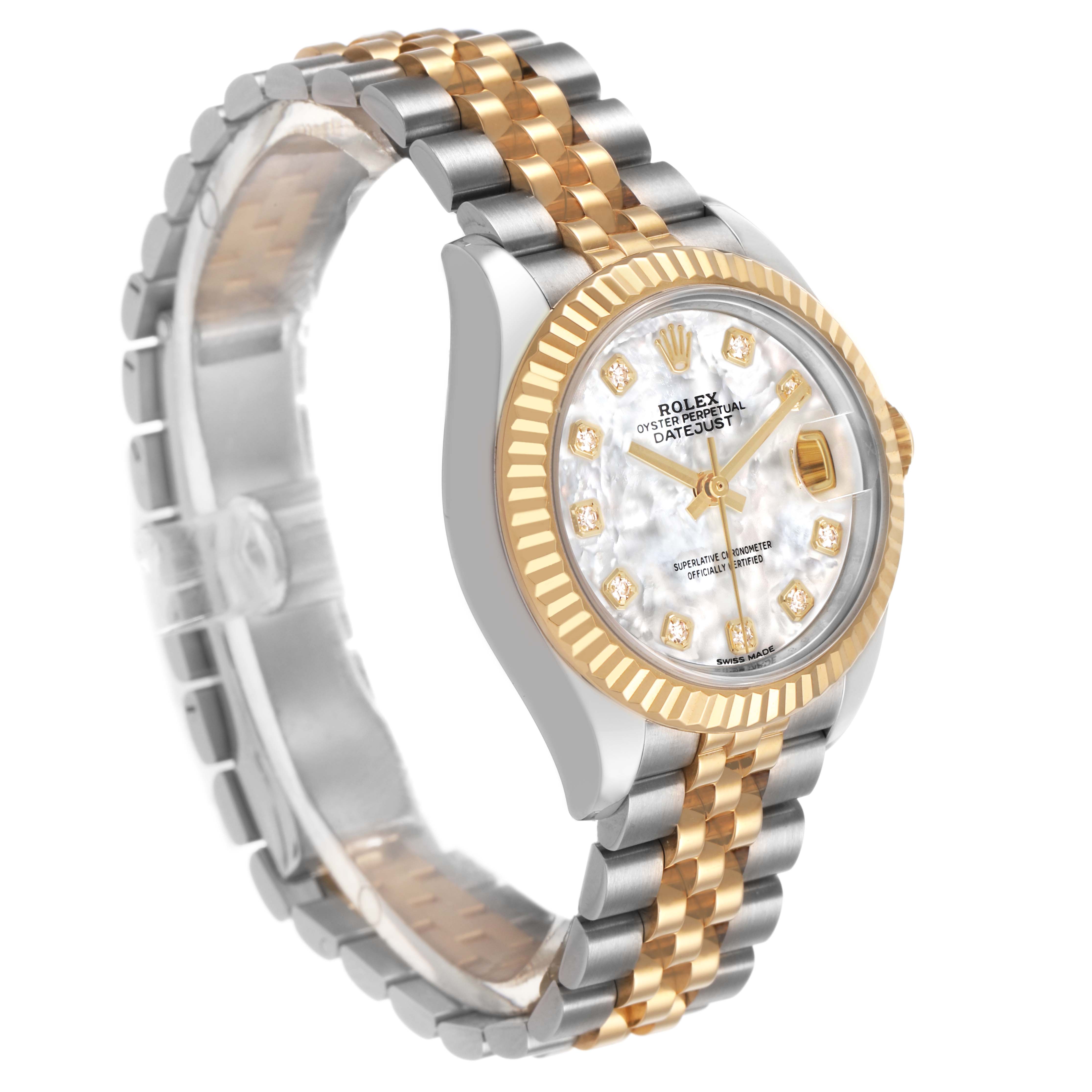 The image shows a Rolex Datejust 279173 Women's Steel and Gold (two tone) Mother of Pearl Dial watch at a three-quarter angle, highlighting the face, fluted bezel, and two-tone bracelet.