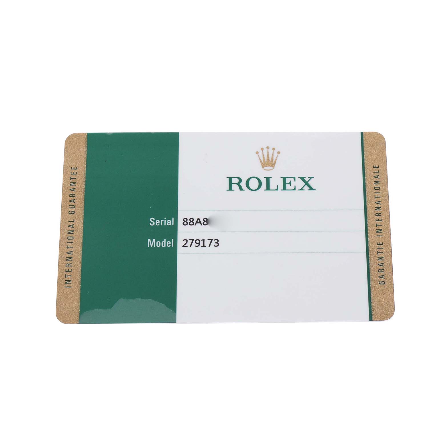 This image shows a Rolex Datejust 279173 Women's Steel and Gold (two tone) Mother of Pearl Dial warranty card from a top-down angle, detailing serial and model numbers.