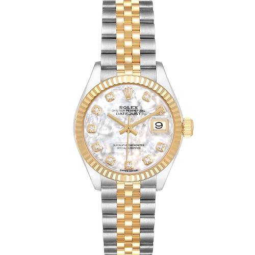 The Rolex Datejust 279173 Women's Steel and Gold (two tone) Mother of Pearl Dial watch is shown from a front angle, highlighting the dial, bezel, and two-tone bracelet.