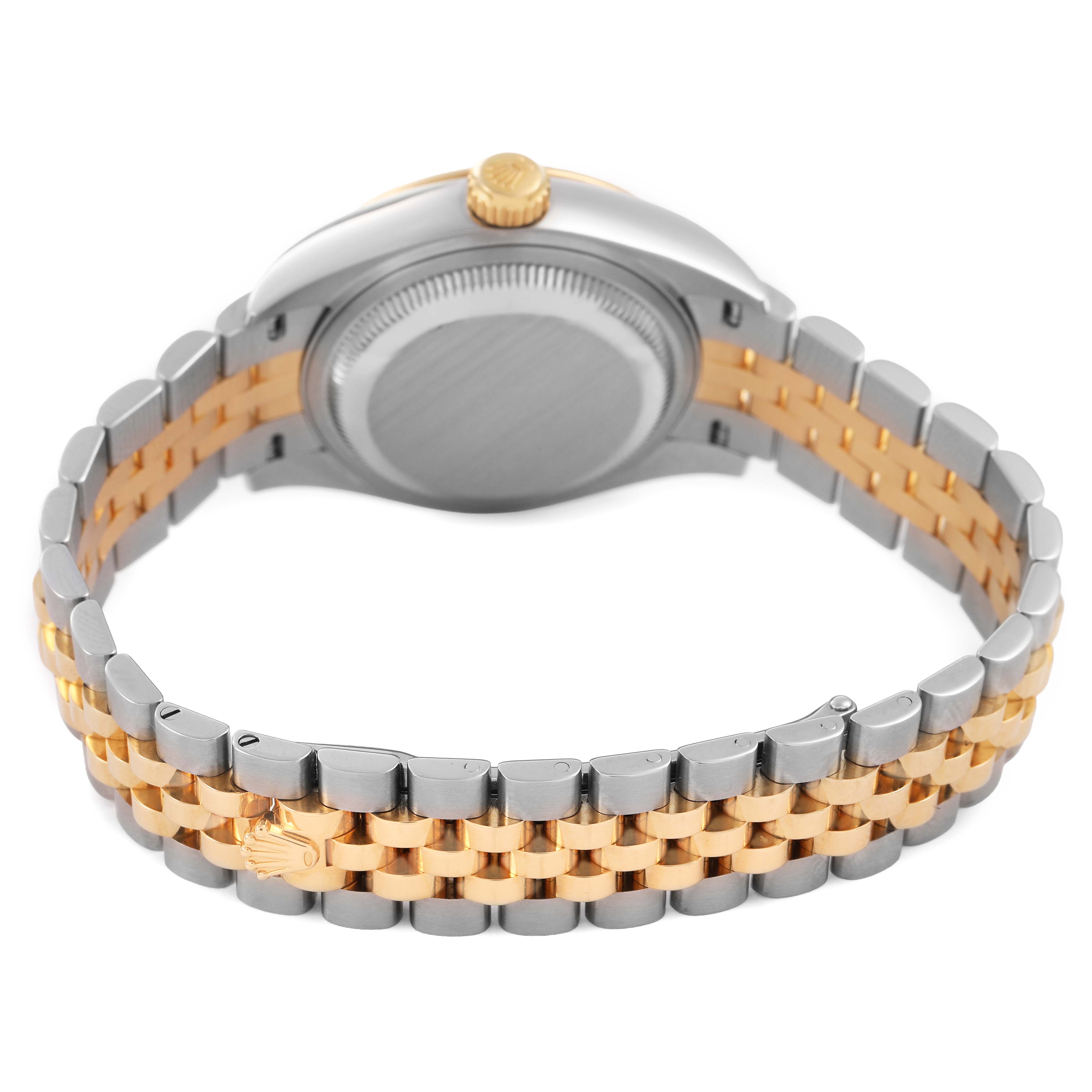 The image shows the back of a Rolex Datejust 279173 Women's Steel and Gold (two tone) Mother of Pearl Dial, displaying the case back, crown, and two-tone bracelet.