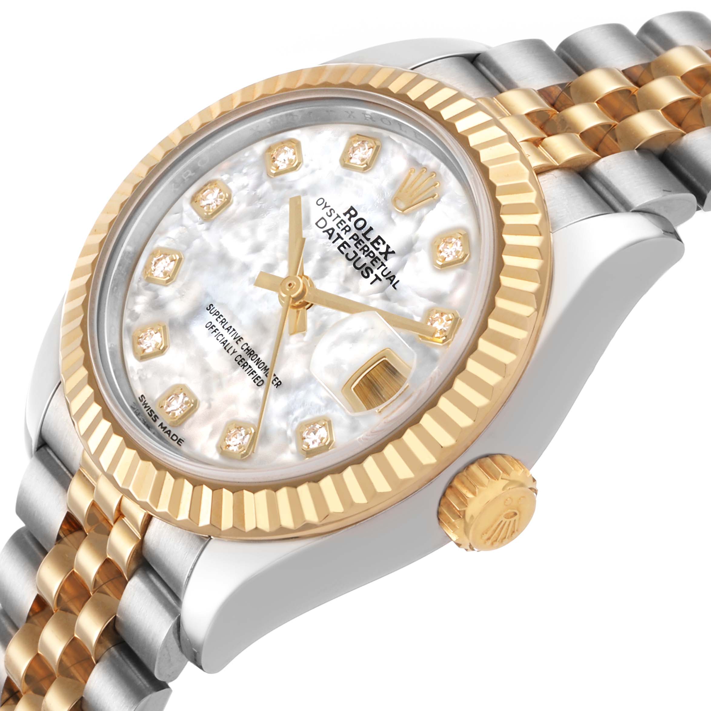 The Rolex Datejust 279173 Women's Steel and Gold (two tone) Mother of Pearl Dial watch is shown at an angle highlighting the face, fluted bezel, and part of the jubilee bracelet.